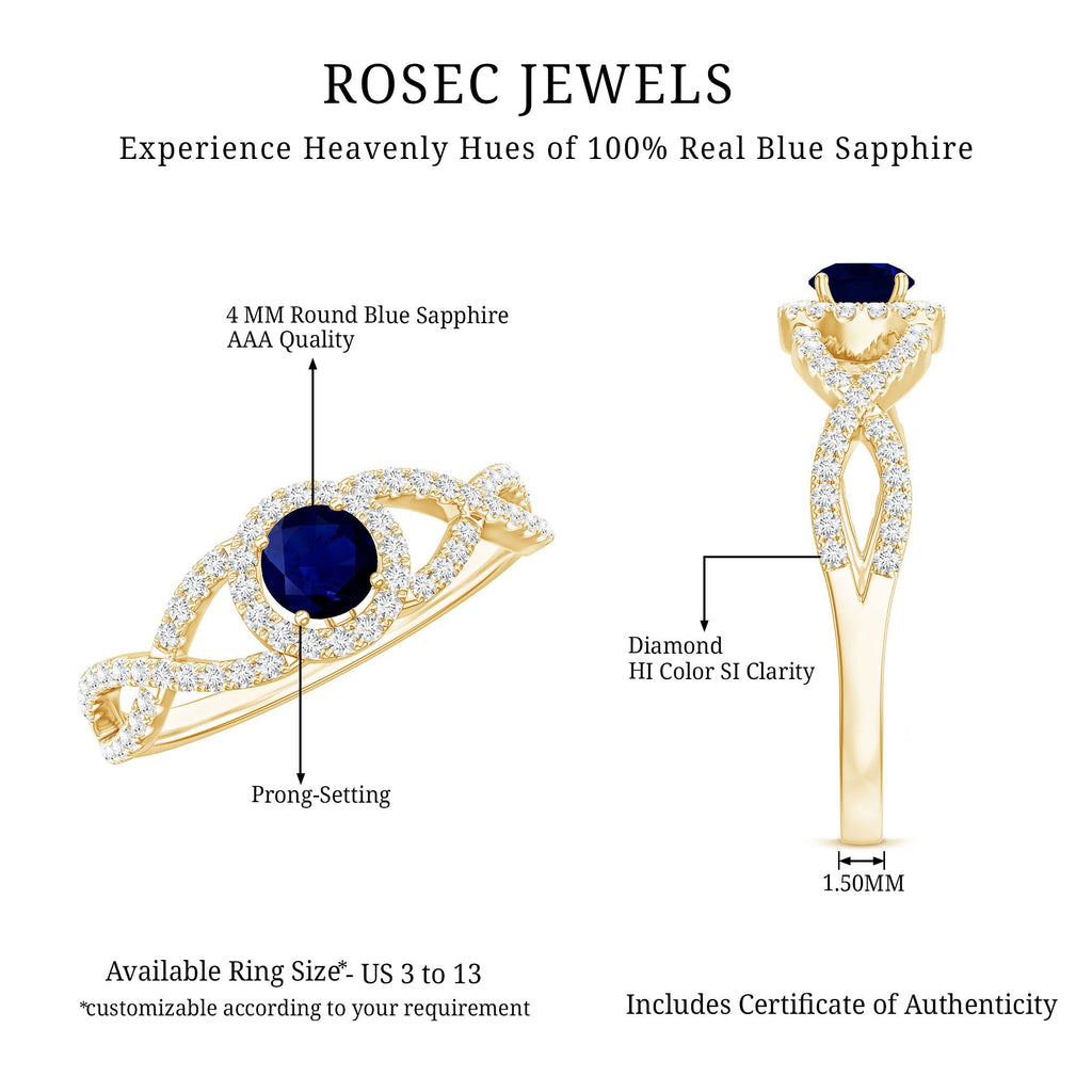 Criss Cross Shank Blue Sapphire and Diamond Halo Engagement Ring