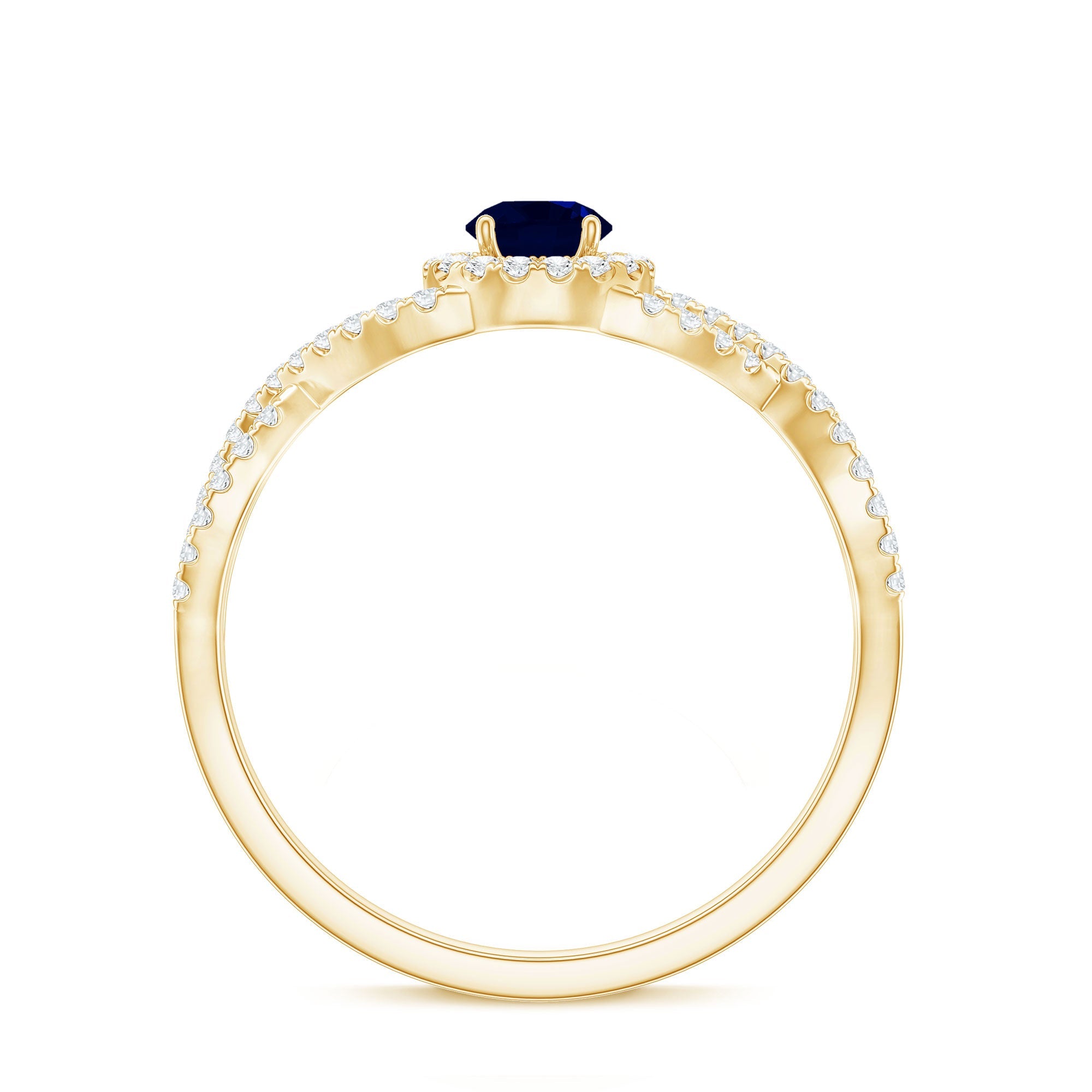 Criss Cross Shank Blue Sapphire and Diamond Halo Engagement Ring