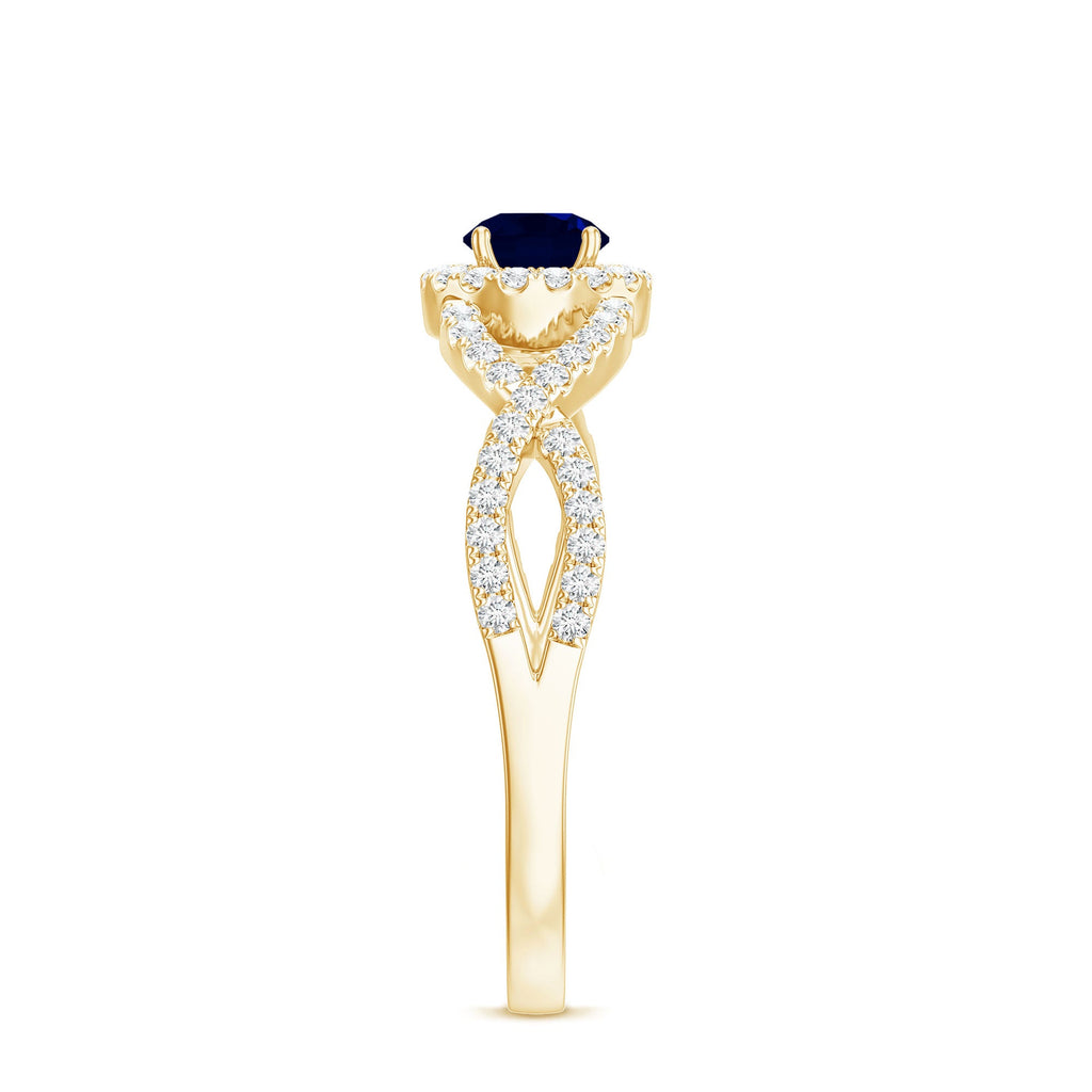 Criss Cross Shank Blue Sapphire and Diamond Halo Engagement Ring