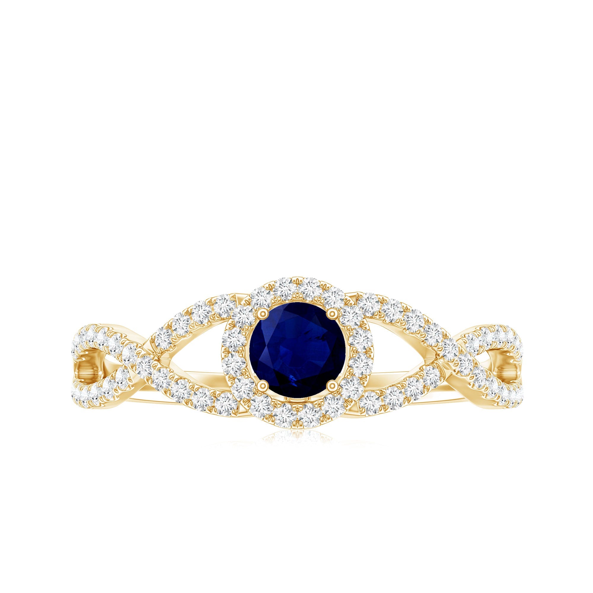 Criss Cross Shank Blue Sapphire and Diamond Halo Engagement Ring