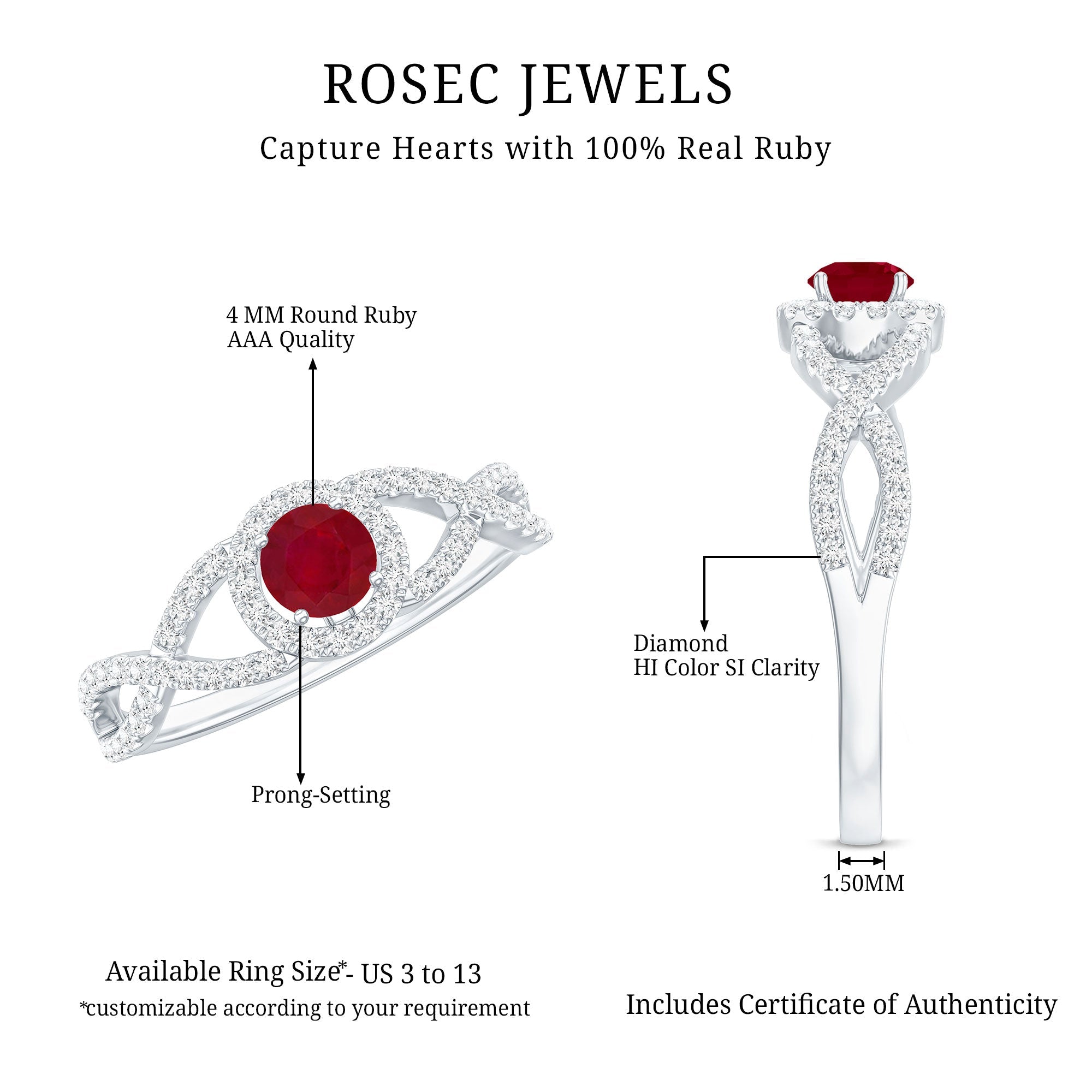 Genuine Ruby Engagement Ring with Diamond Criss Cross Shank