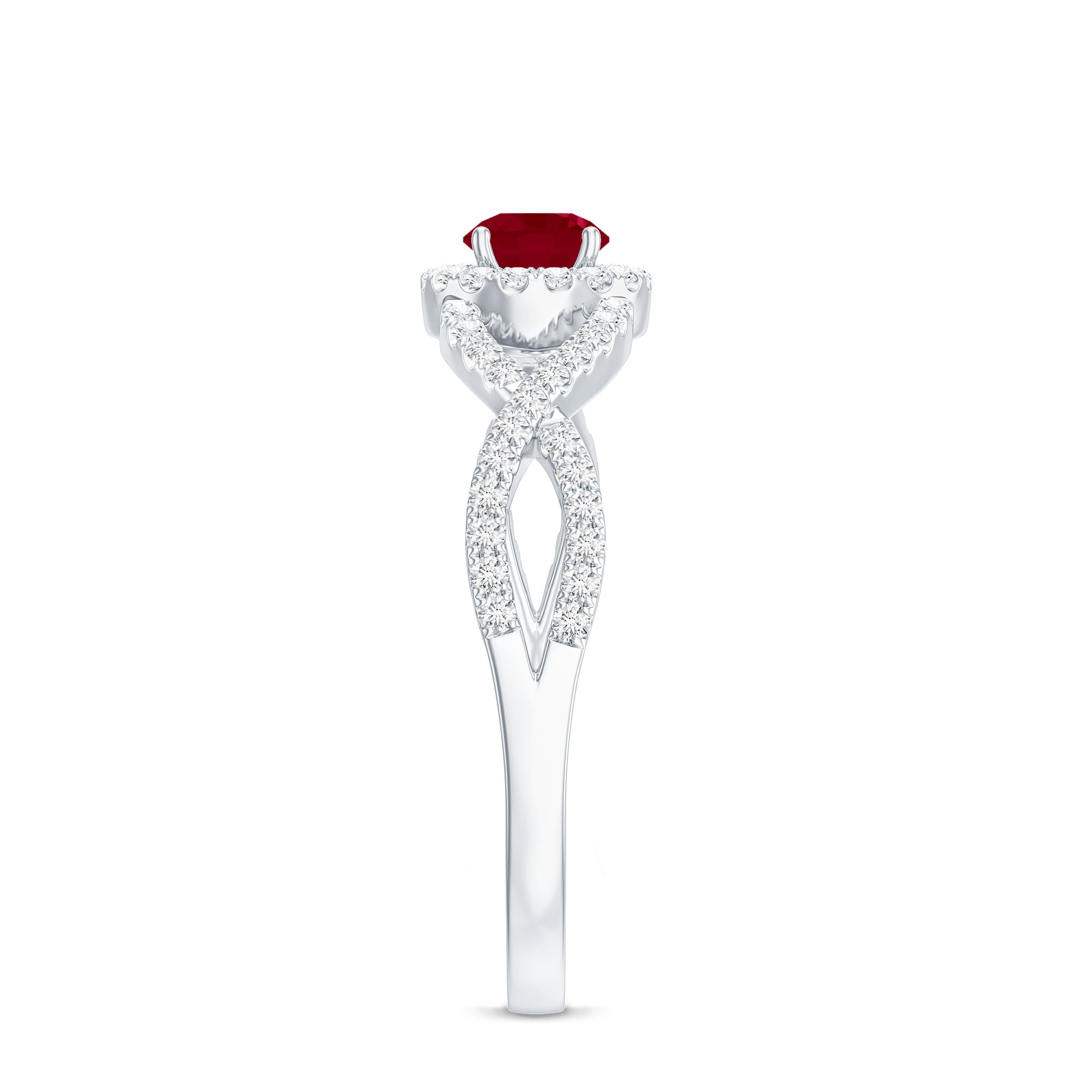 Genuine Ruby Engagement Ring with Diamond Criss Cross Shank