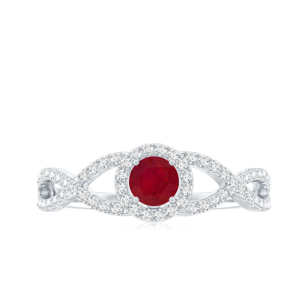 Genuine Ruby Engagement Ring with Diamond Criss Cross Shank