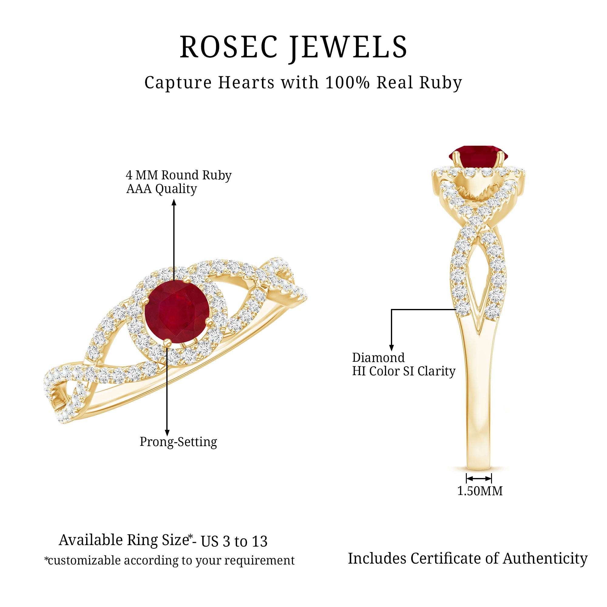 Genuine Ruby Engagement Ring with Diamond Criss Cross Shank