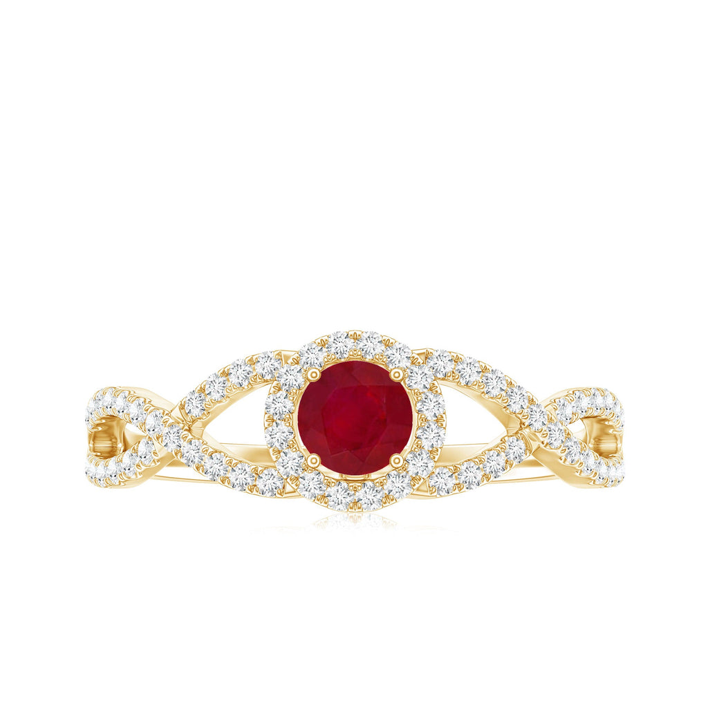 Genuine Ruby Engagement Ring with Diamond Criss Cross Shank