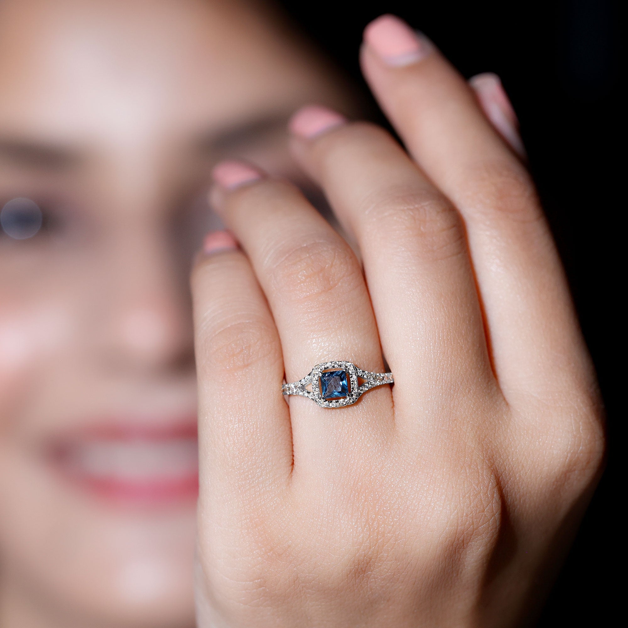 1 Carat Princess Cut London Blue Topaz Engagement Ring with Diamond Split Shank