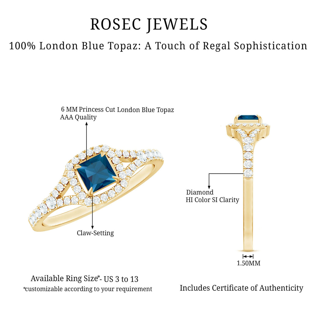 1 Carat Princess Cut London Blue Topaz Engagement Ring with Diamond Split Shank