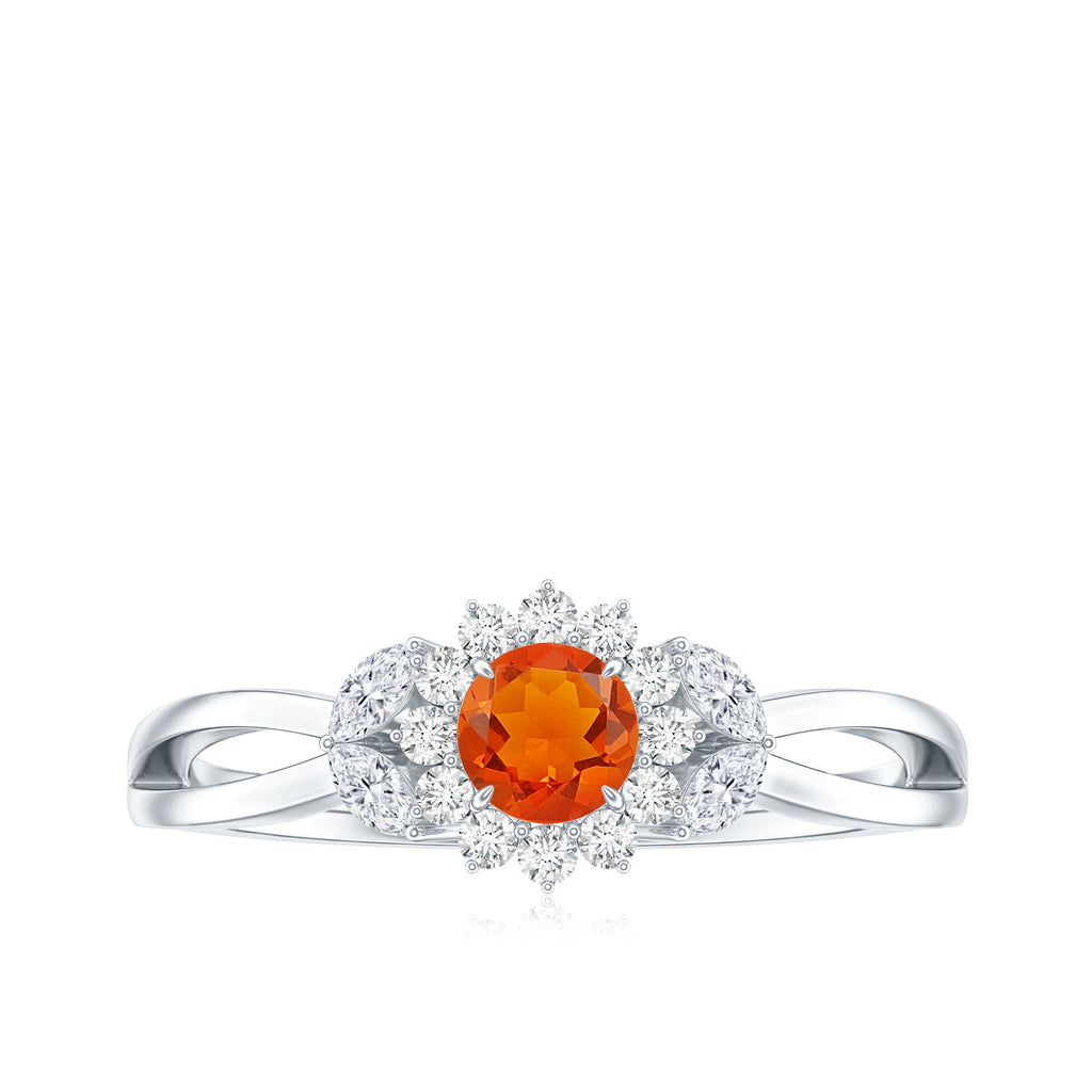 Fire Opal and Diamond Flower Engagement Ring with Split Shank