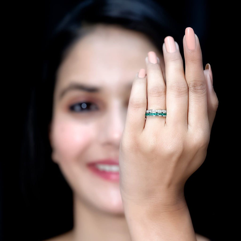 Natural Emerald and Diamond Half Eternity Wedding Band