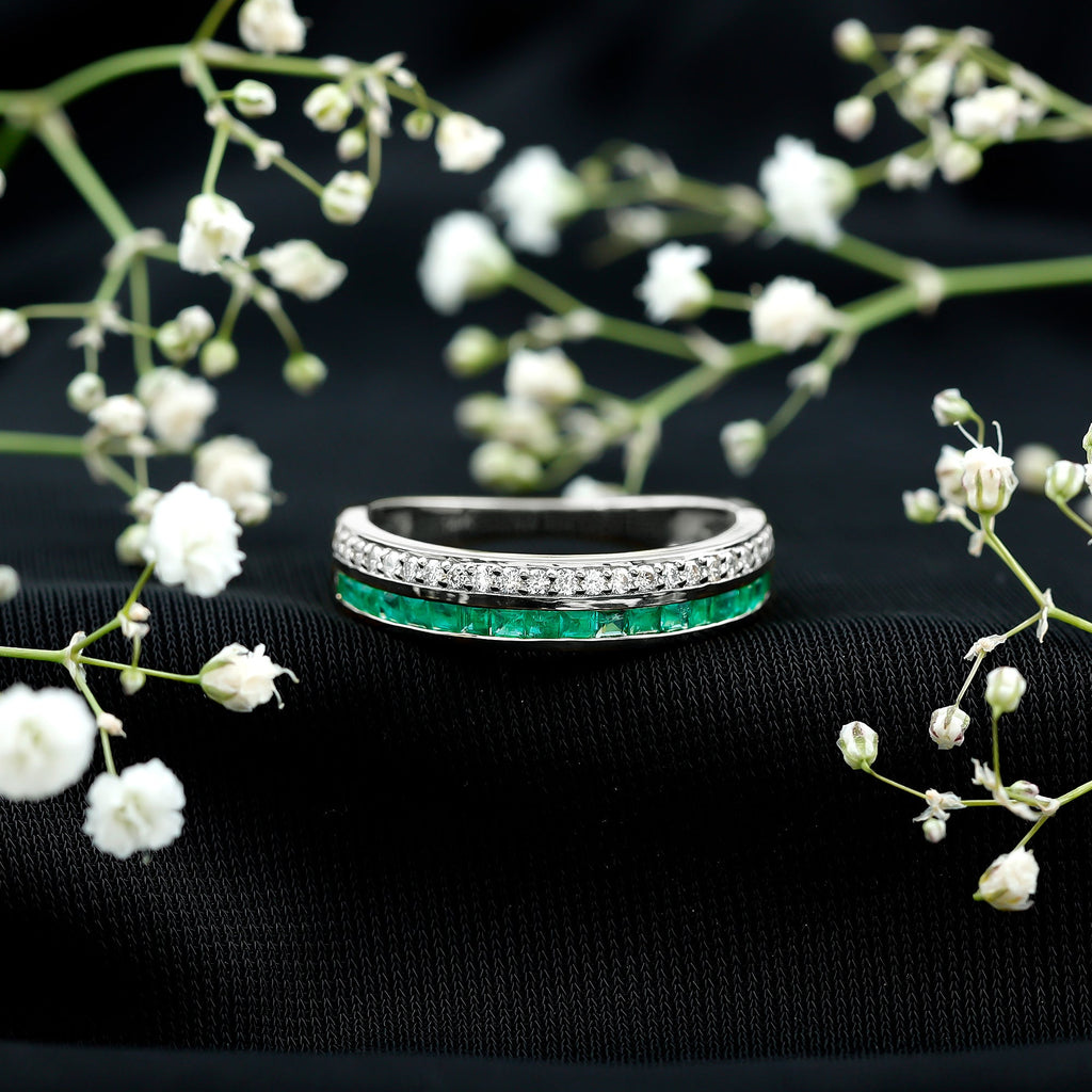 Natural Emerald and Diamond Half Eternity Wedding Band
