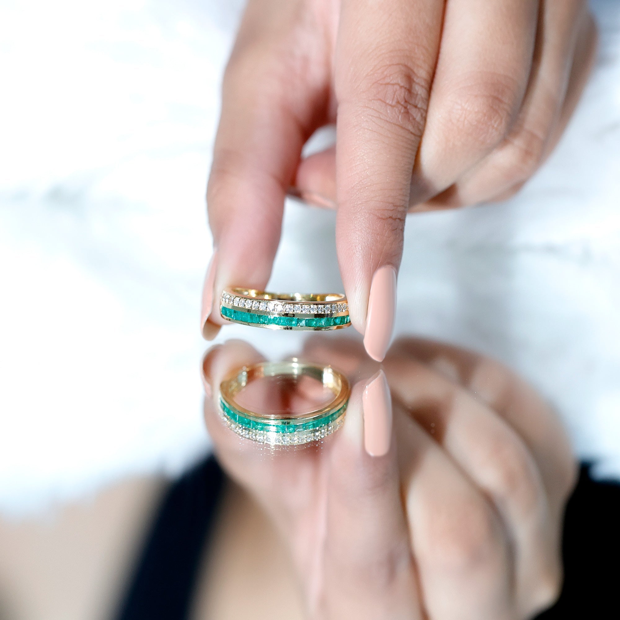 Natural Emerald and Diamond Half Eternity Wedding Band