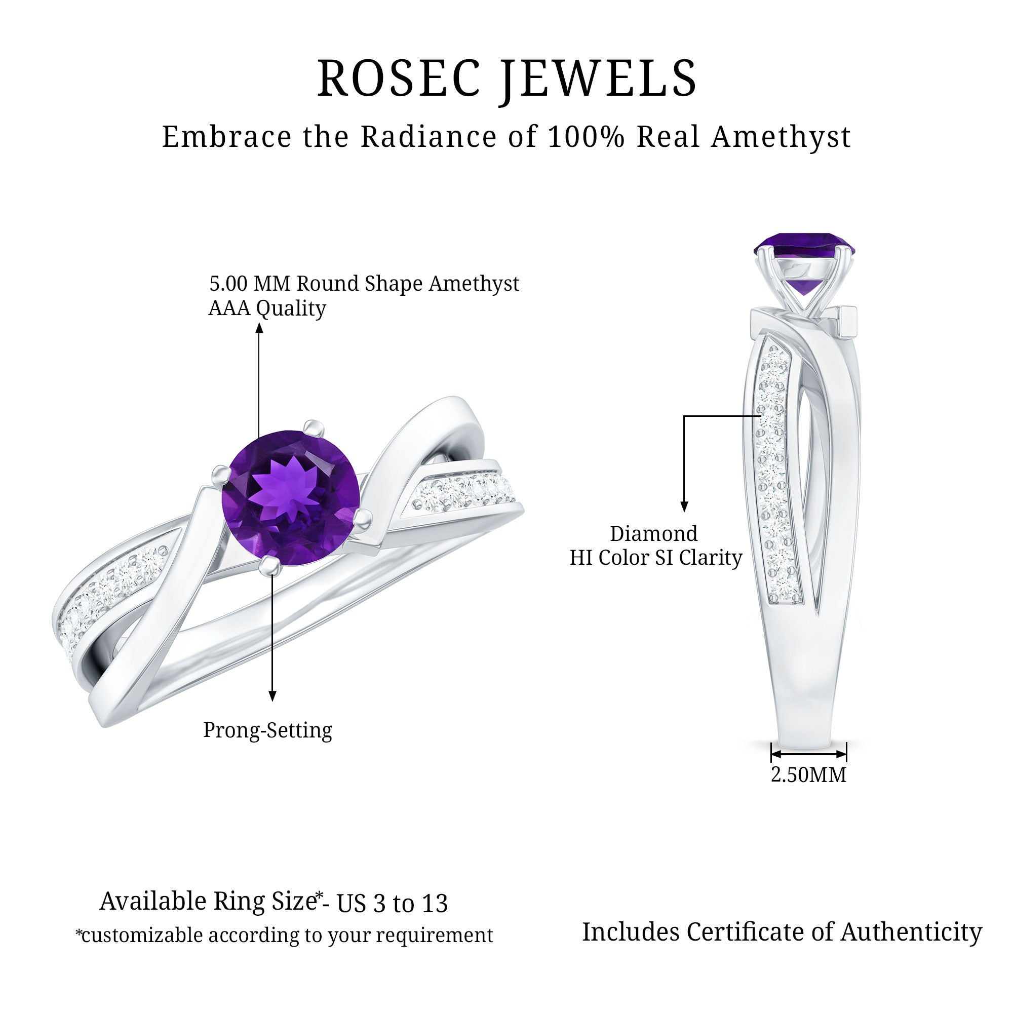 Real Amethyst Engagement Ring with Diamond Infinity Shank