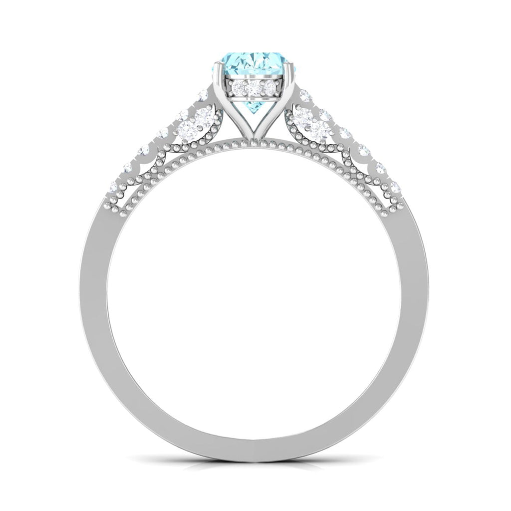 1 Carat Genuine Aquamarine Oval Engagement Ring with Diamond Side Stones