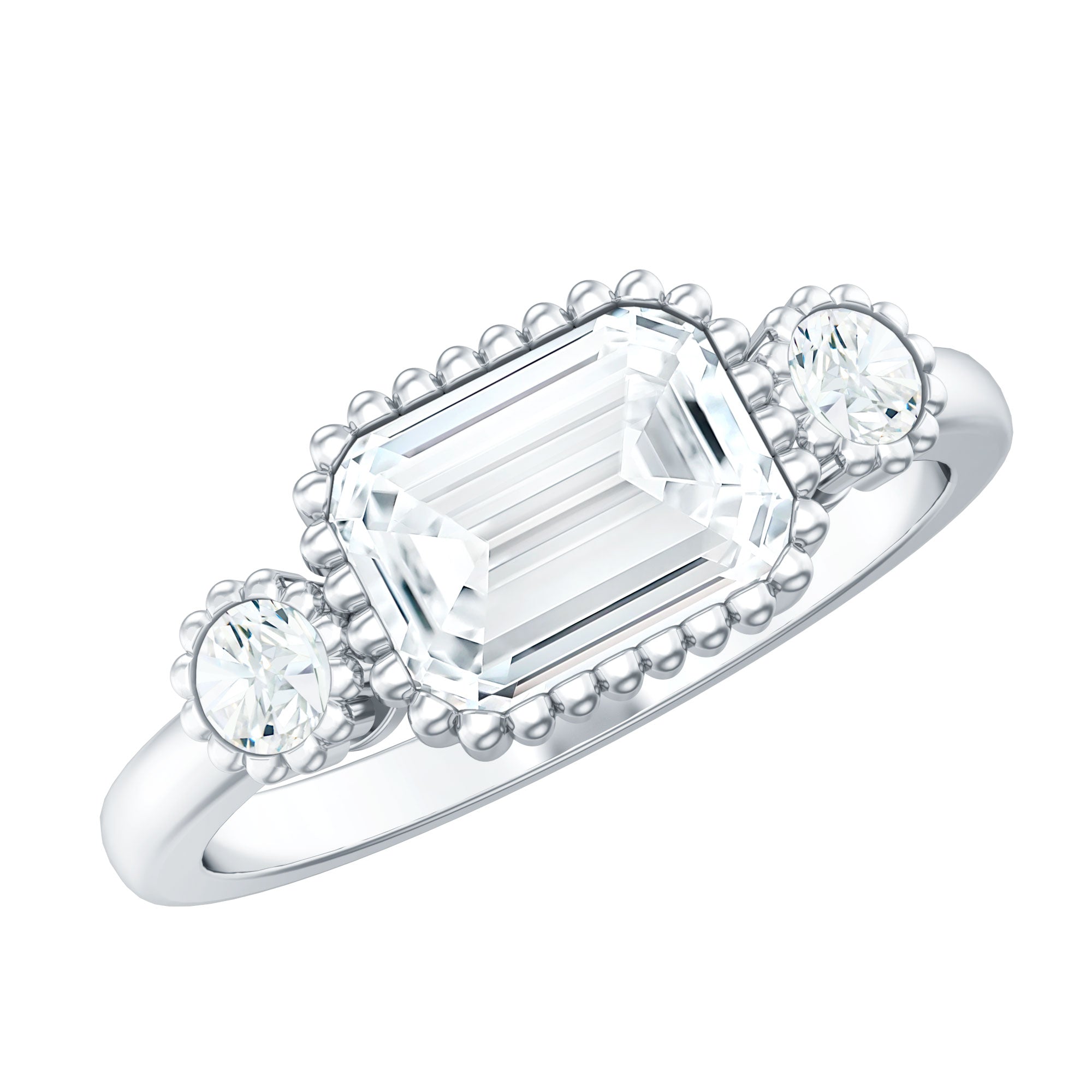 1.8 Carat Emerald Cut Moissanite 3 Stone Engagement Ring in East West Style
