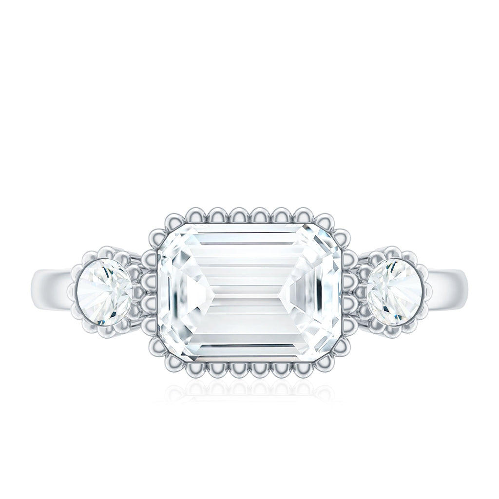 1.8 Carat Emerald Cut Moissanite 3 Stone Engagement Ring in East West Style
