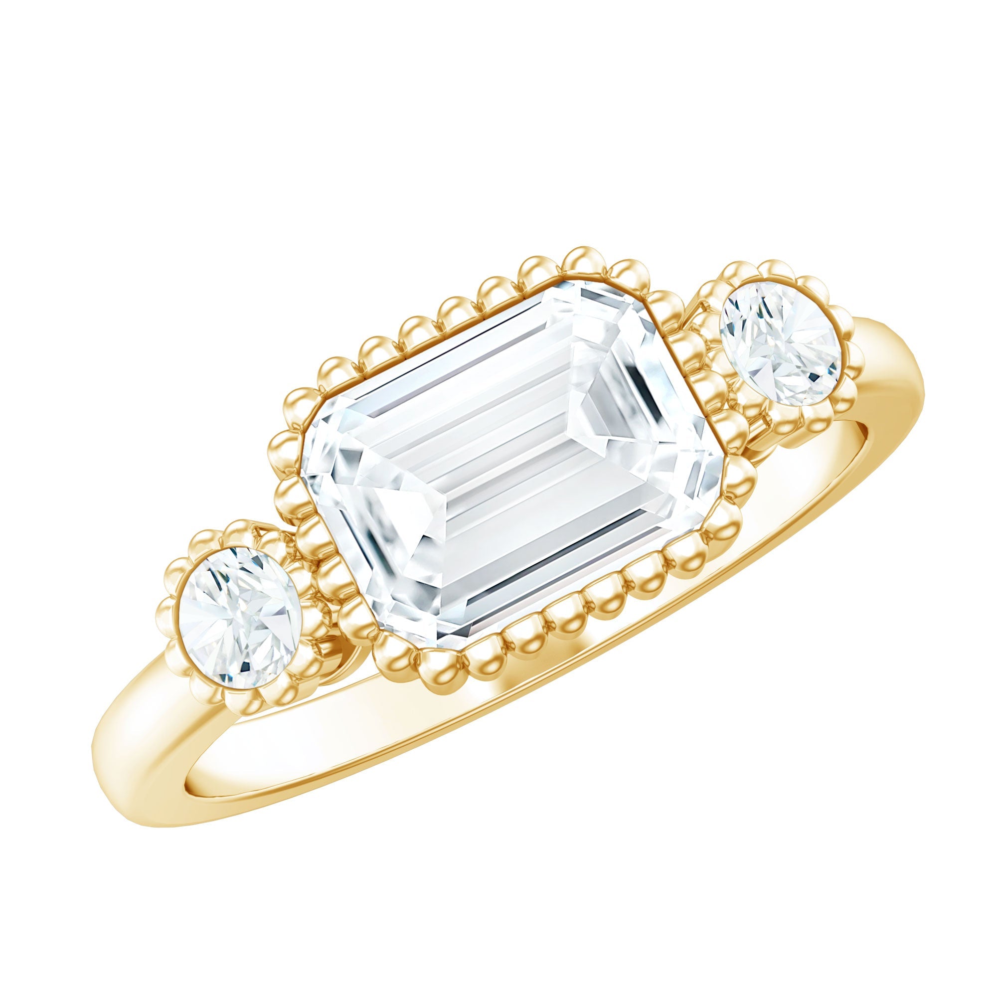 1.8 Carat Emerald Cut Moissanite 3 Stone Engagement Ring in East West Style | Rings | Wiccan Center
