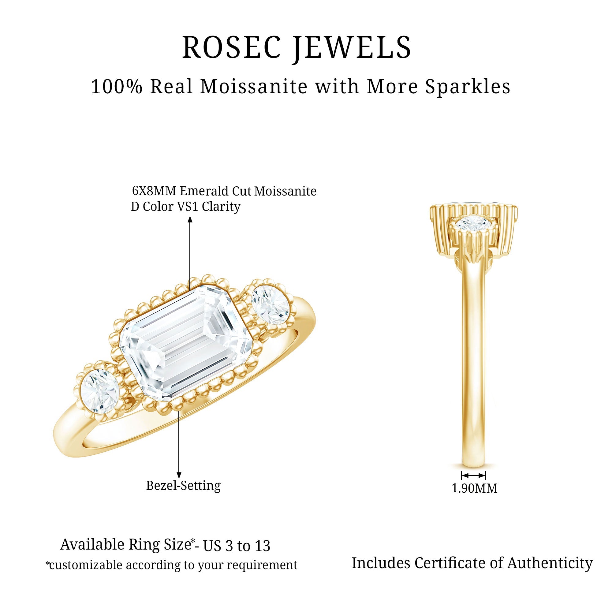 1.8 Carat Emerald Cut Moissanite 3 Stone Engagement Ring in East West Style