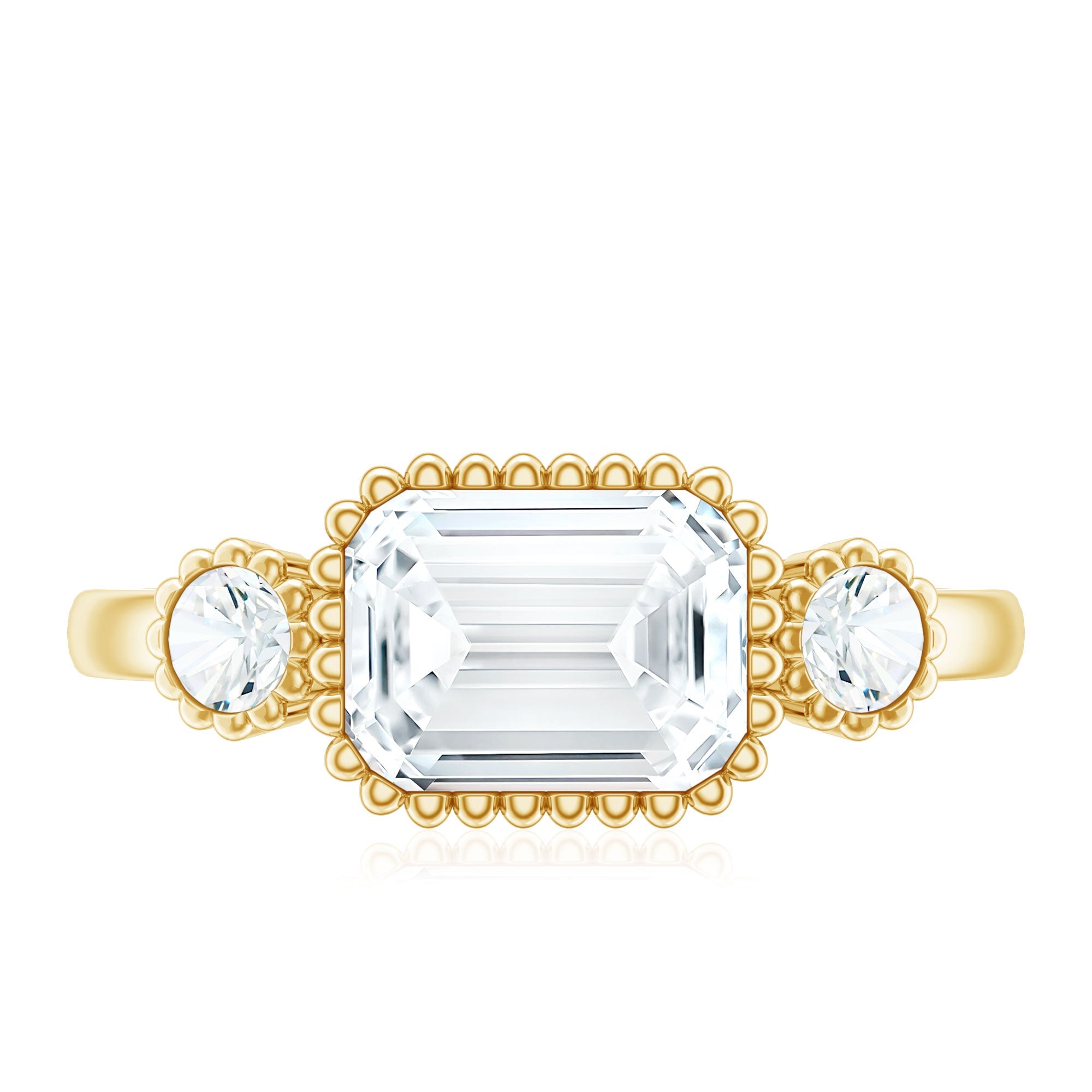 1.8 Carat Emerald Cut Moissanite 3 Stone Engagement Ring in East West Style