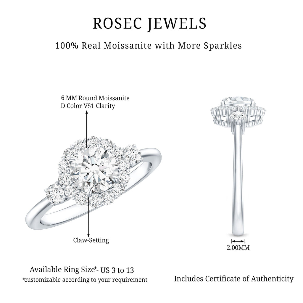 Round Cut Moissanite Halo Engagement Ring with Certificate