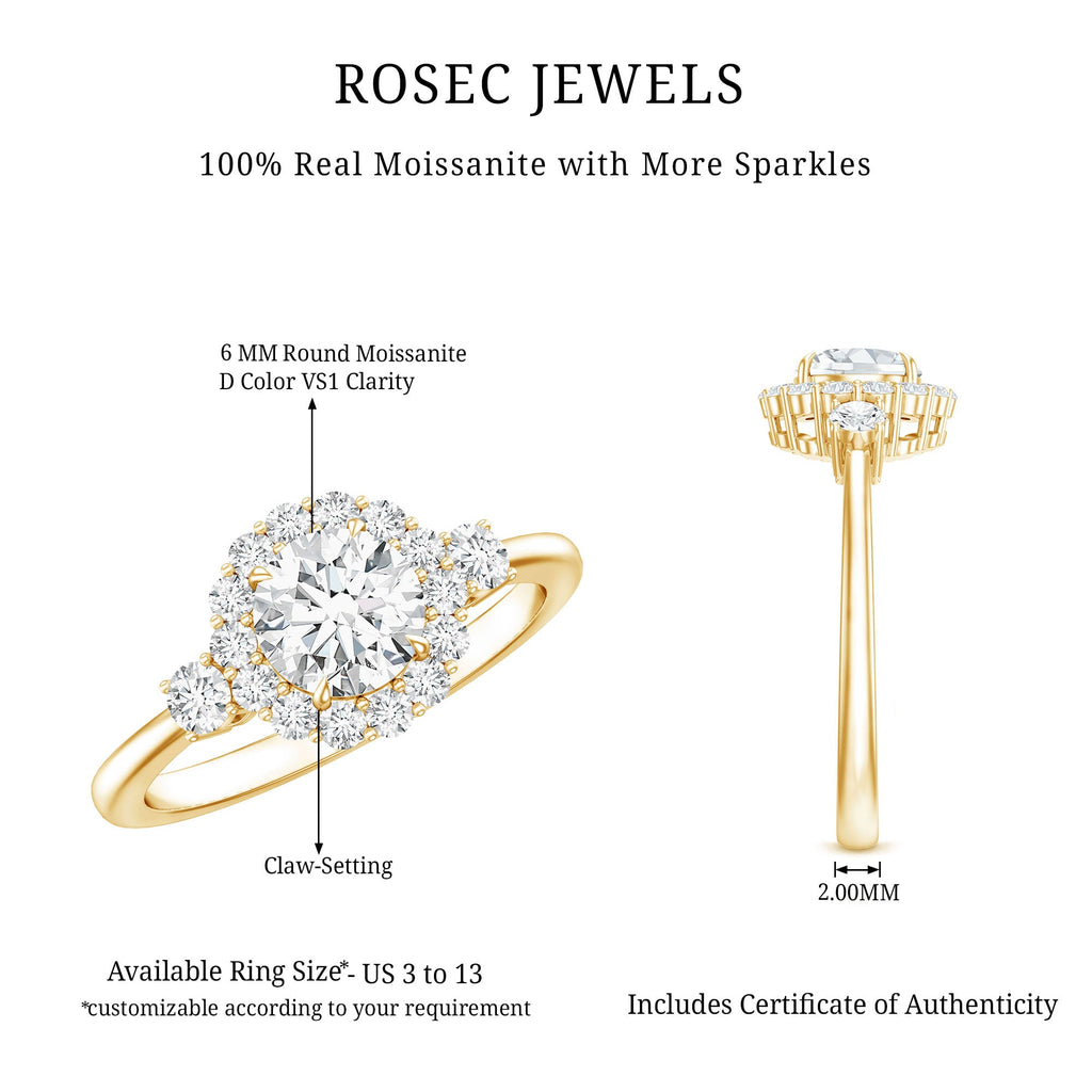 Round Cut Moissanite Halo Engagement Ring with Certificate