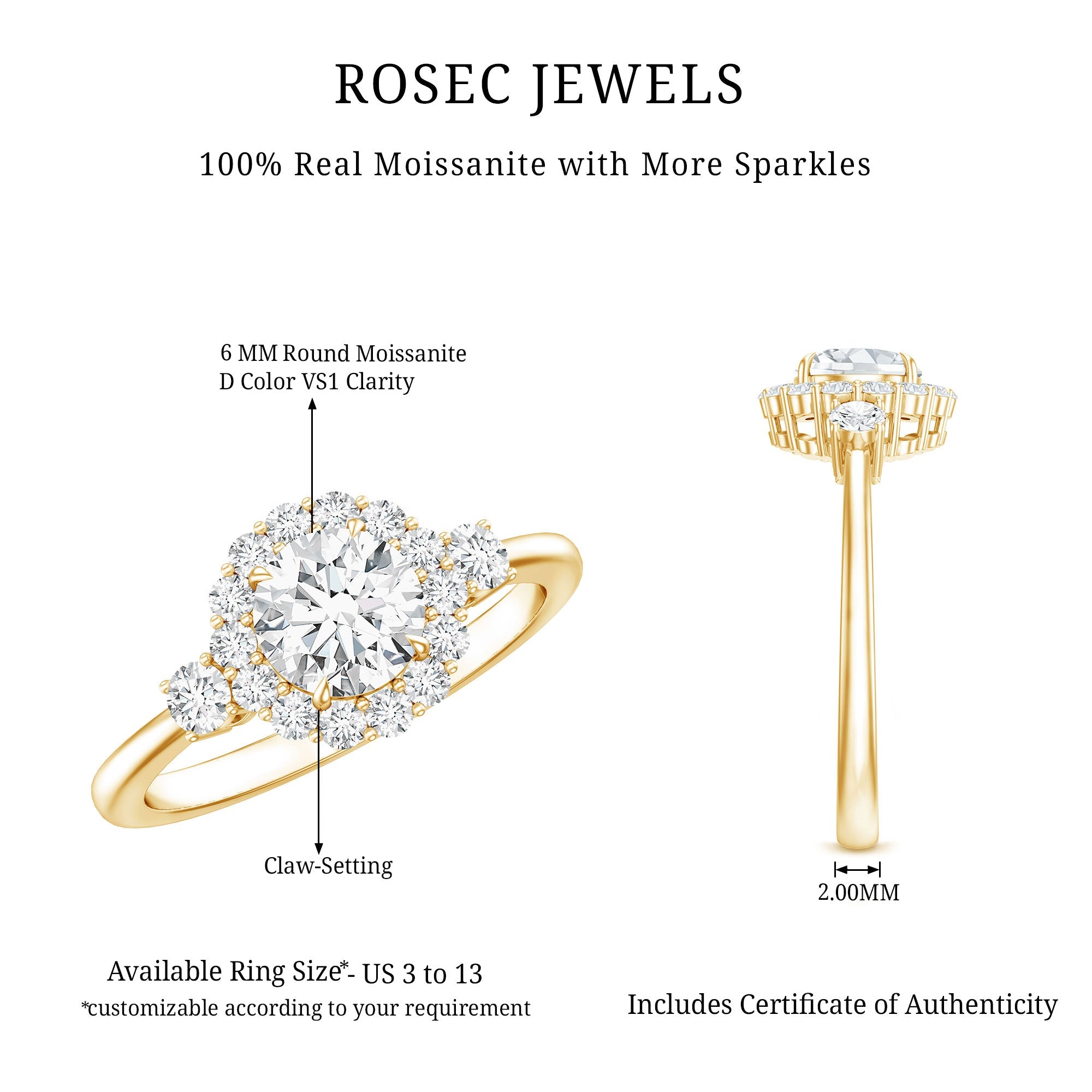 Round Cut Moissanite Halo Engagement Ring with Certificate
