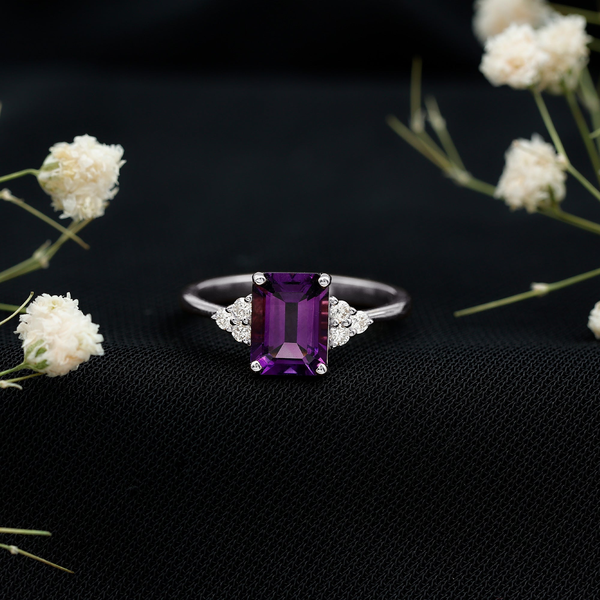 Real 1.4 Carat Amethyst Emerald Cut Engagement Ring with Diamond Trio