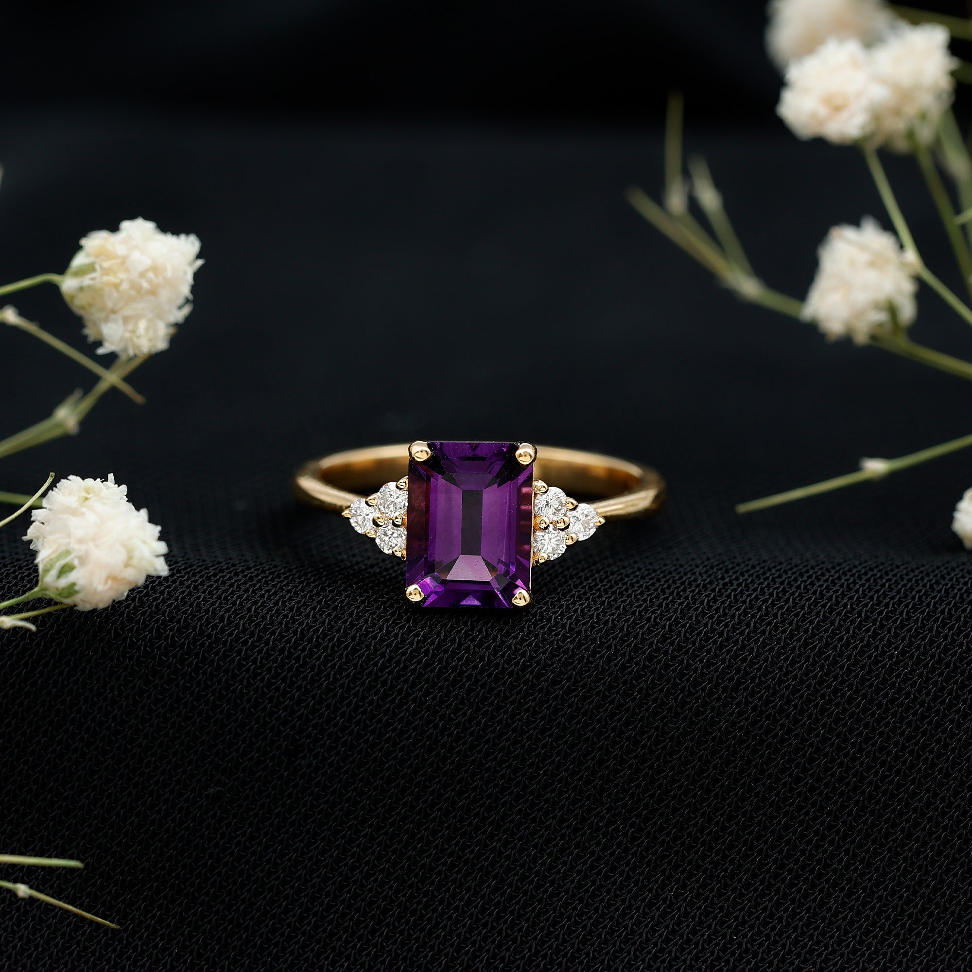 Real 1.4 Carat Amethyst Emerald Cut Engagement Ring with Diamond Trio