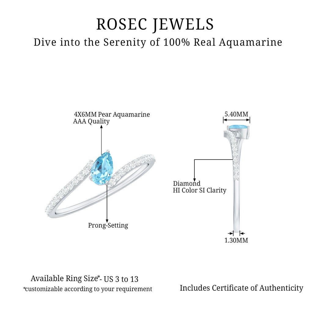 Real Aquamarine and Diamond Promise Ring in Bypass Shank