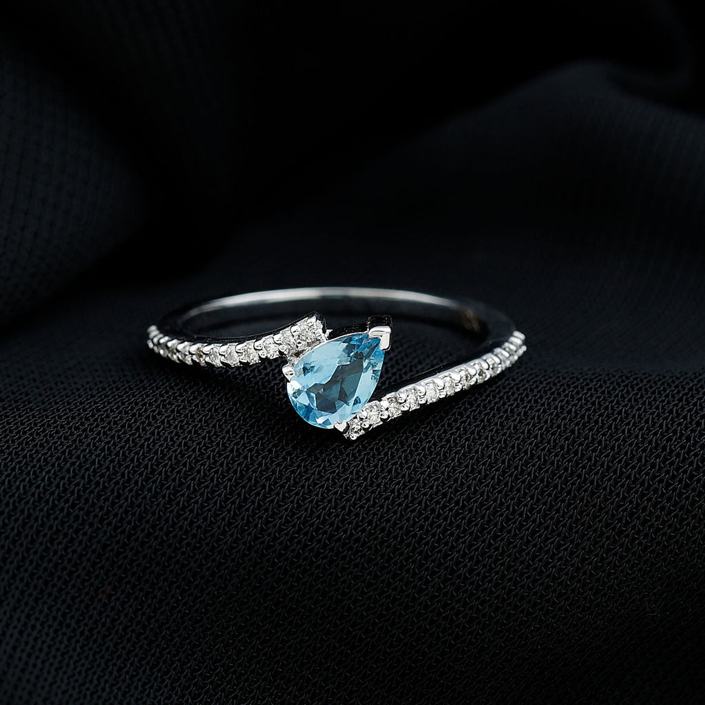 Real Aquamarine and Diamond Promise Ring in Bypass Shank