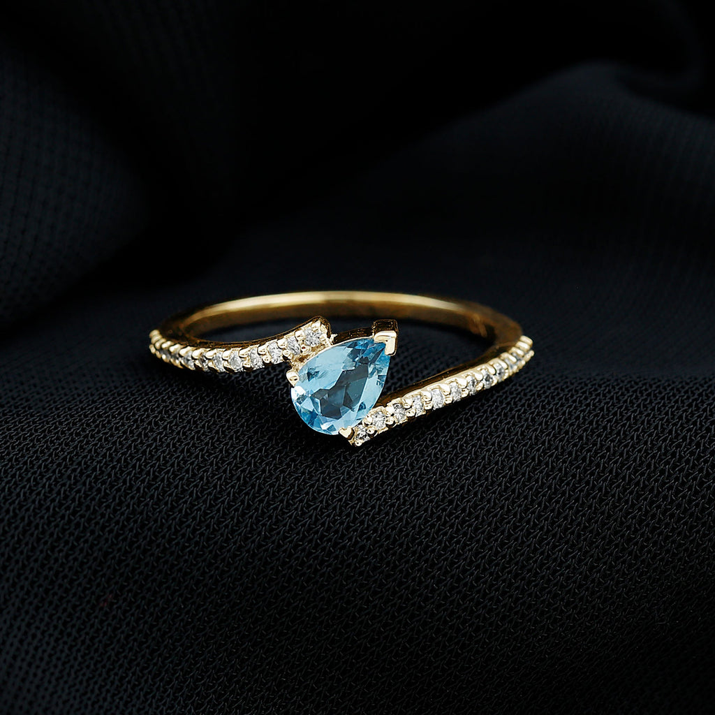 Real Aquamarine and Diamond Promise Ring in Bypass Shank