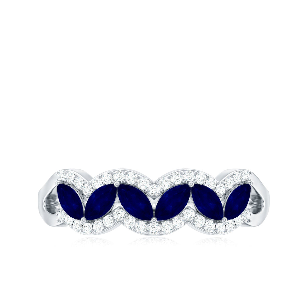 Certified Marquise Cut Blue Sapphire and Diamond Wedding Anniversary Band Ring