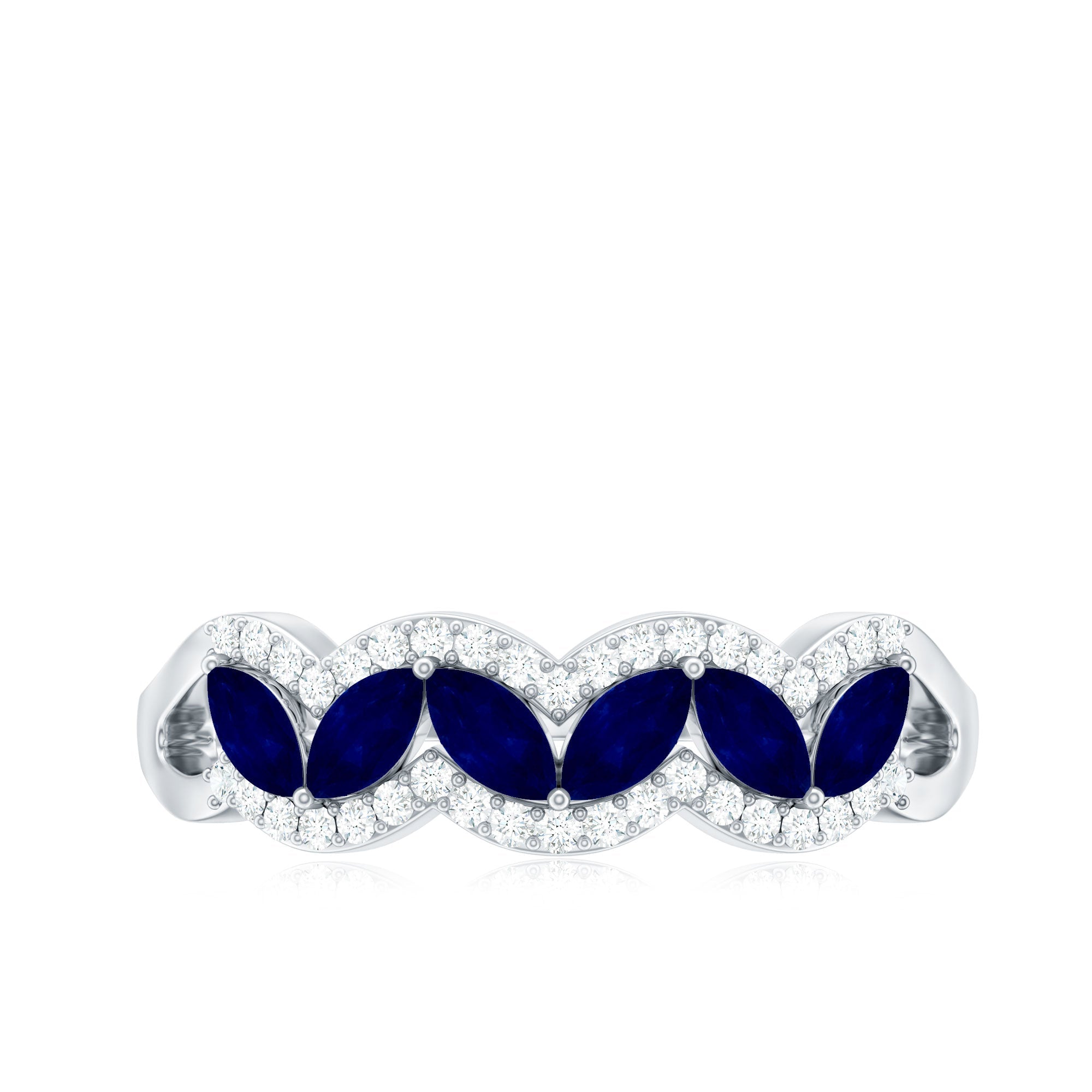 Certified Marquise Cut Blue Sapphire and Diamond Wedding Anniversary Band Ring