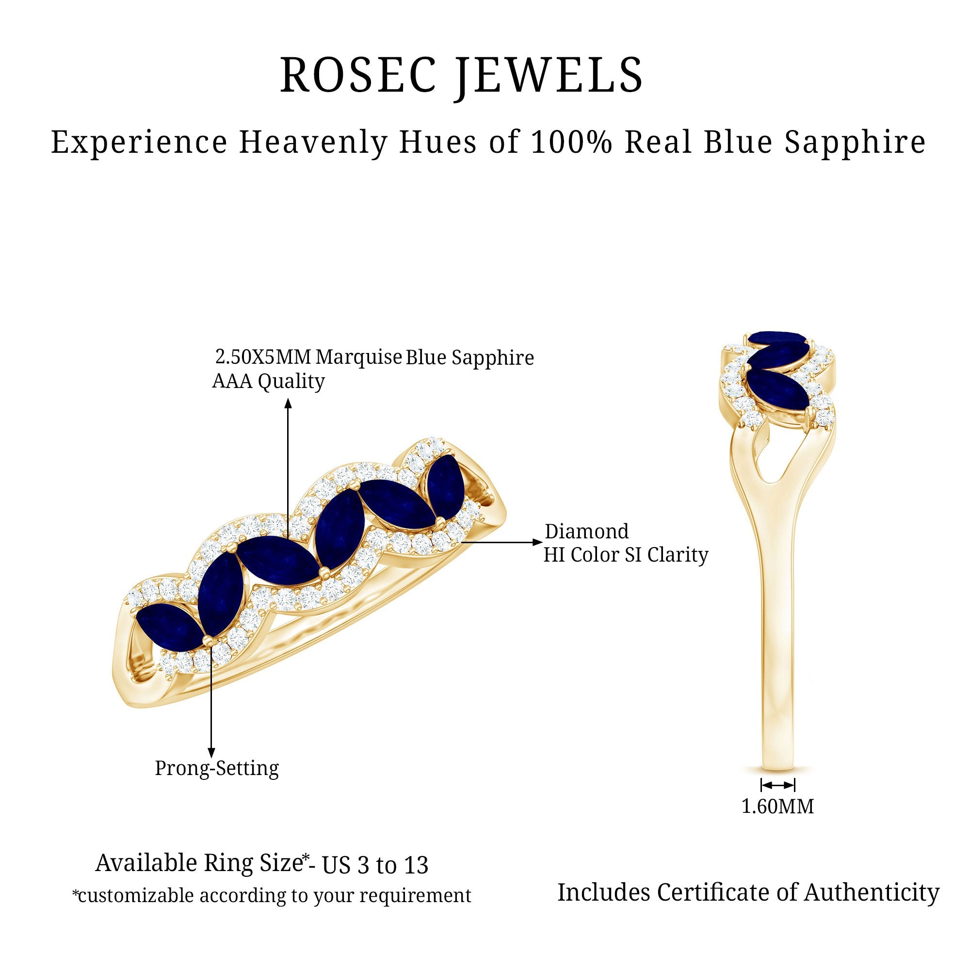 Certified Marquise Cut Blue Sapphire and Diamond Wedding Anniversary Band Ring