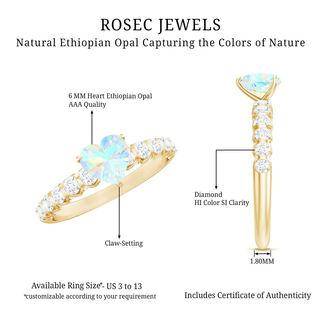 0.75 Carat Heart Shape Ethiopian Opal and Diamond Engagement Ring