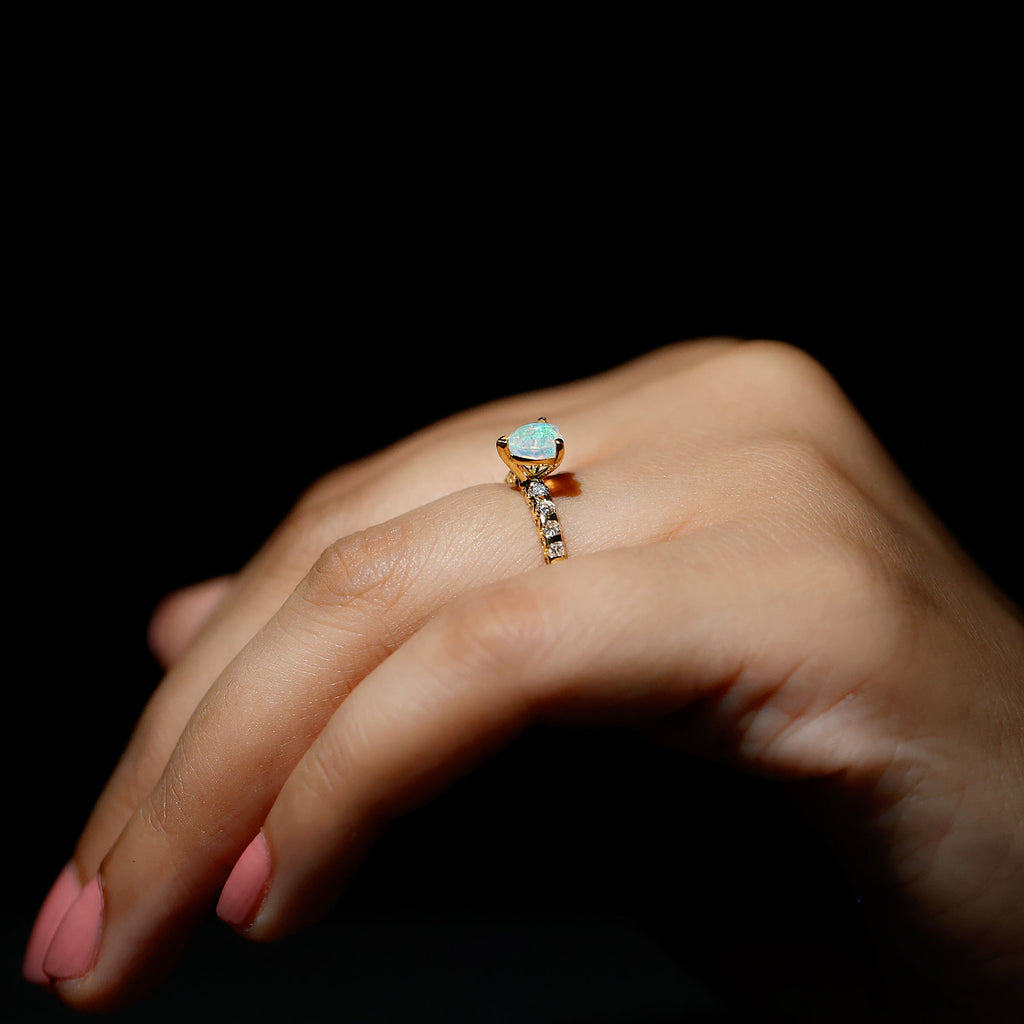 0.75 Carat Heart Shape Ethiopian Opal and Diamond Engagement Ring