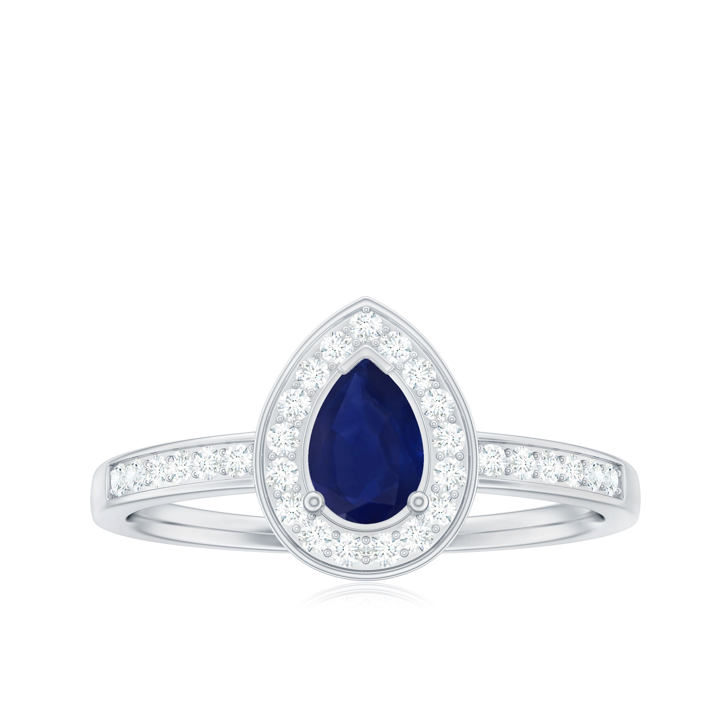 Genuine 0.5 Carat Blue Sapphire and Diamond Pear Halo Engagement Ring
