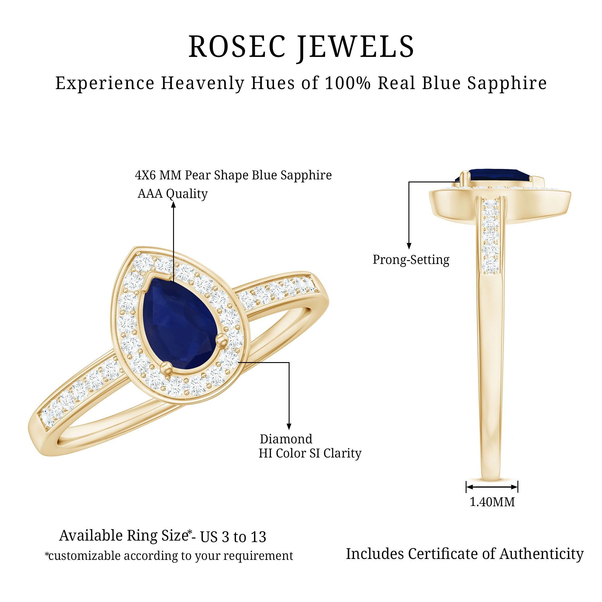 Genuine 0.5 Carat Blue Sapphire and Diamond Pear Halo Engagement Ring