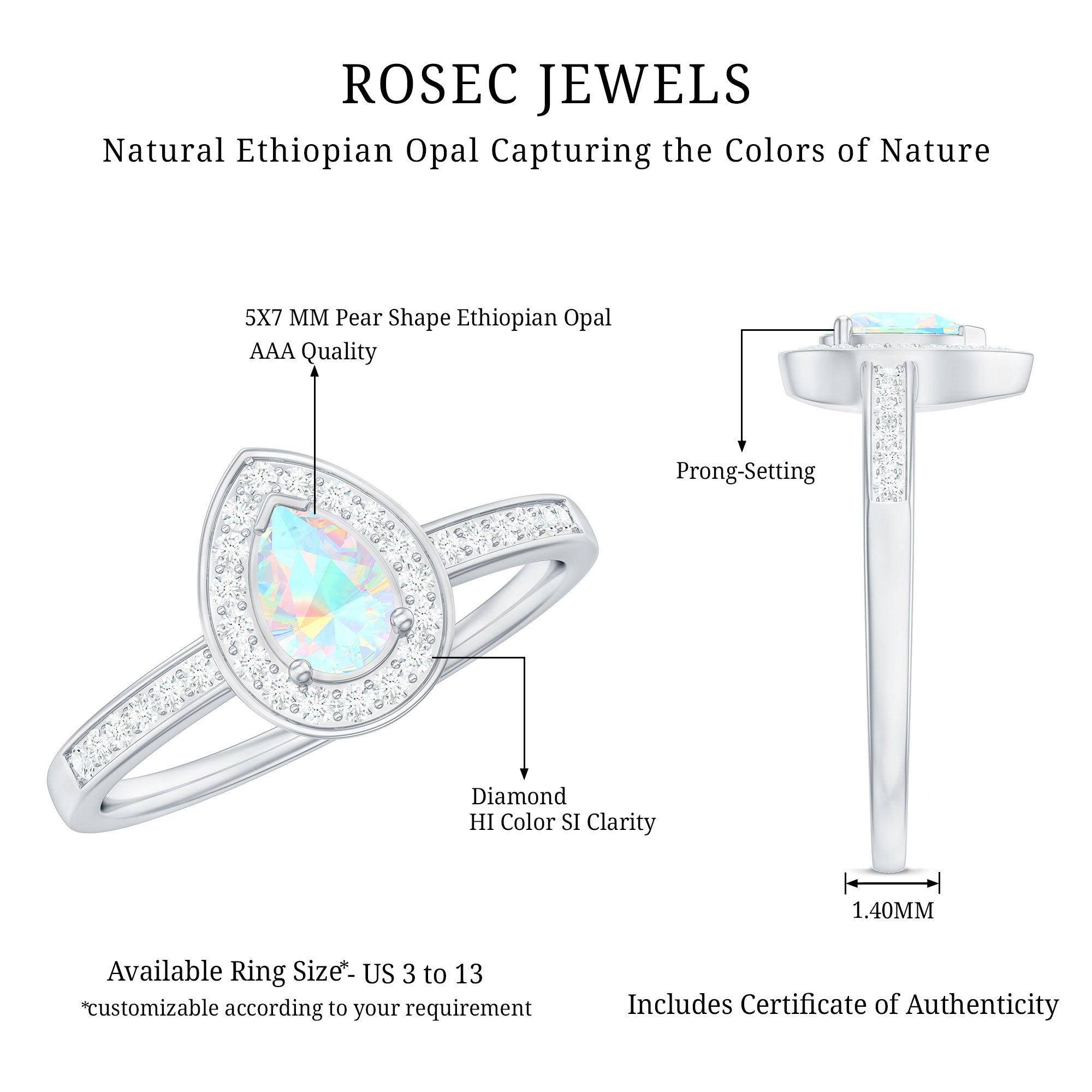 Natural 0.7 Carat Opalescent Teardrop Engagement Ring with Diamond Halo