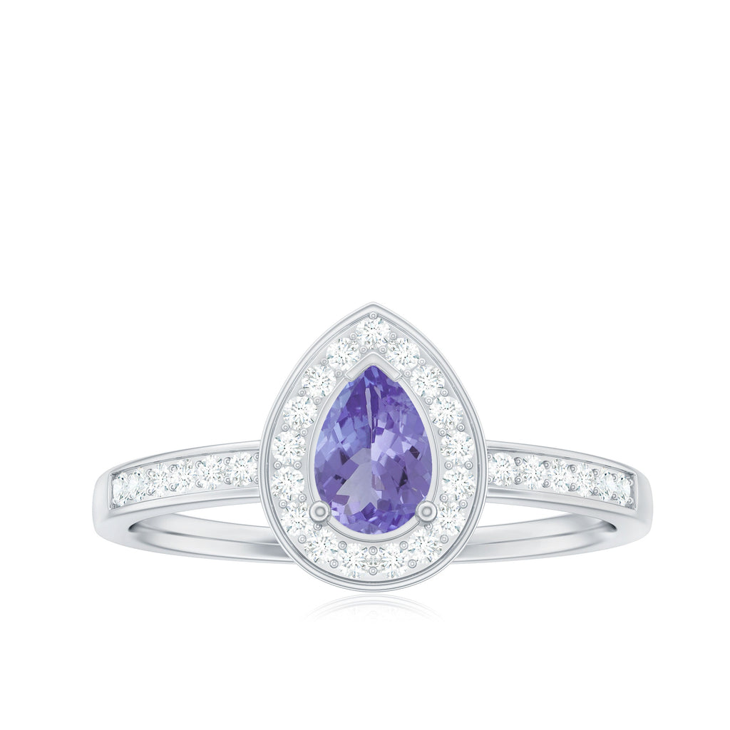 Natural Pear Cut Tanzanite Teardrop Engagement Ring with Diamond Halo