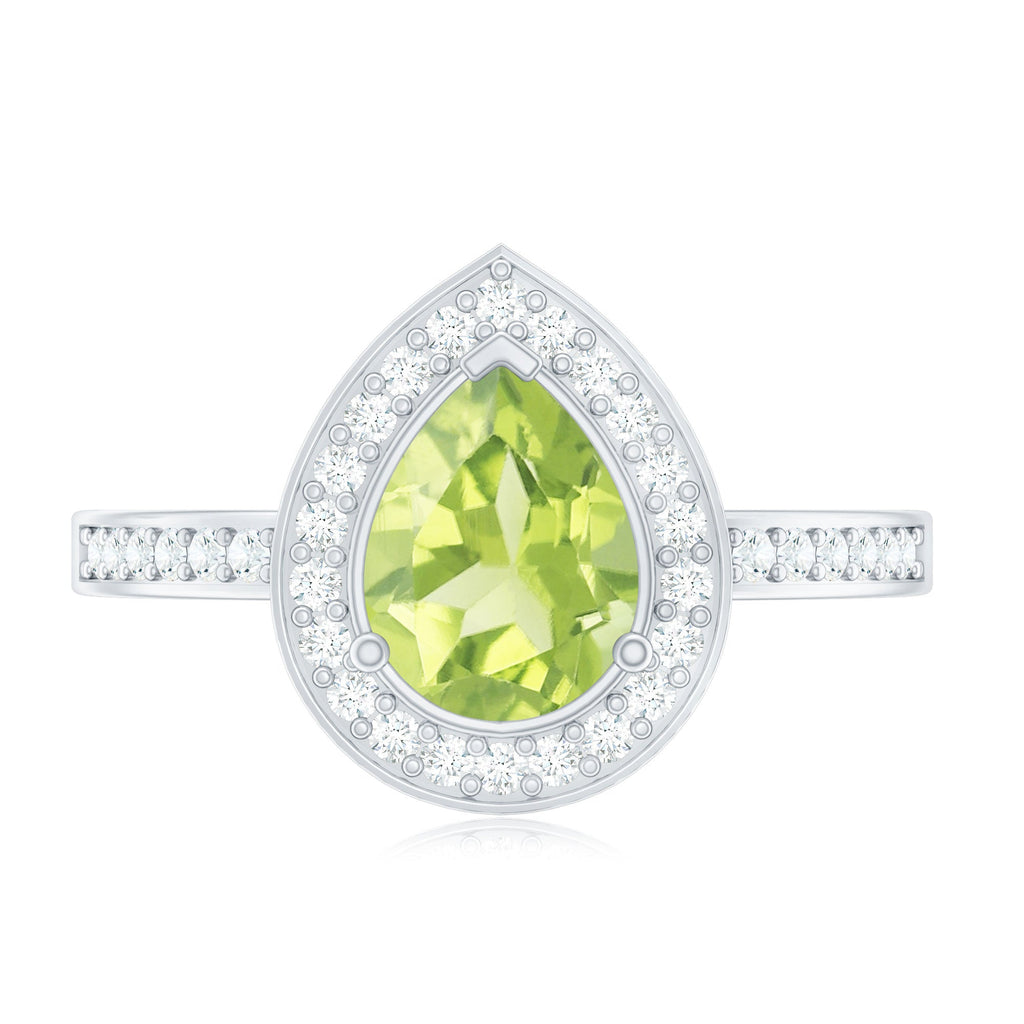 Natural 1 Carat Peridot Teardrop Engagement Ring with Diamond Halo