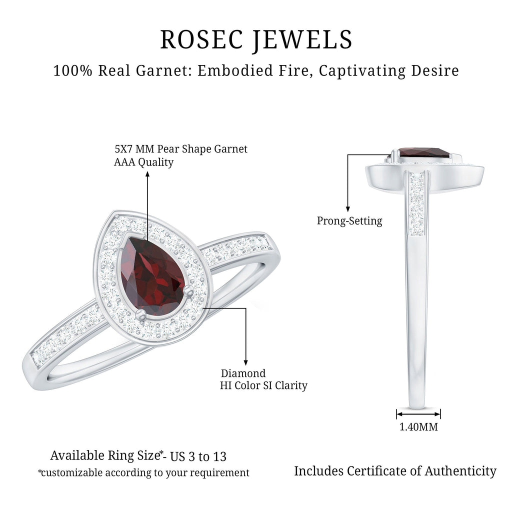 Classic Garnet Pear Shaped Engagement Ring with Diamond Halo