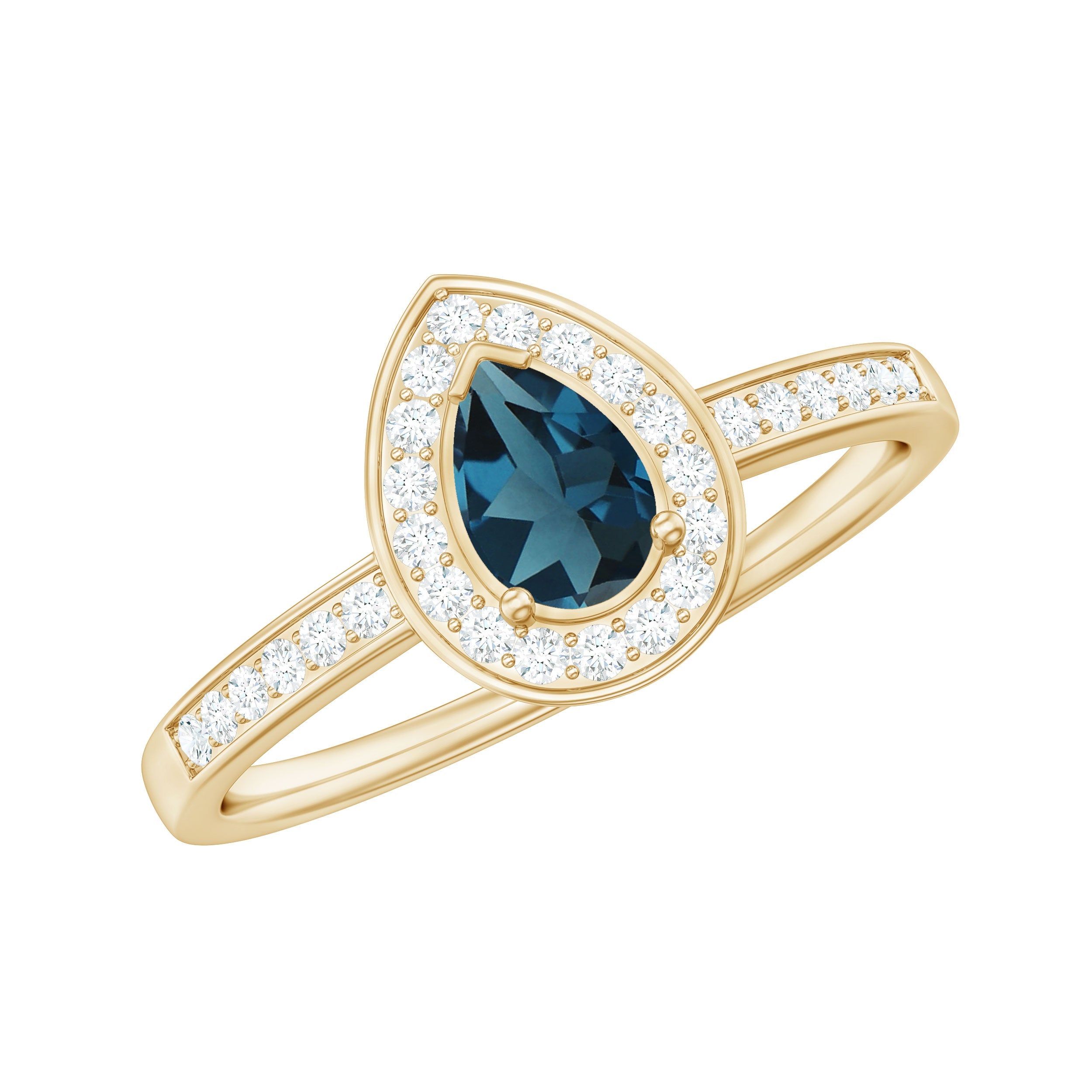 0.7 Carat Pear Shaped London Blue Topaz Engagement Ring with Diamond Halo | Rings | Wiccan Center
