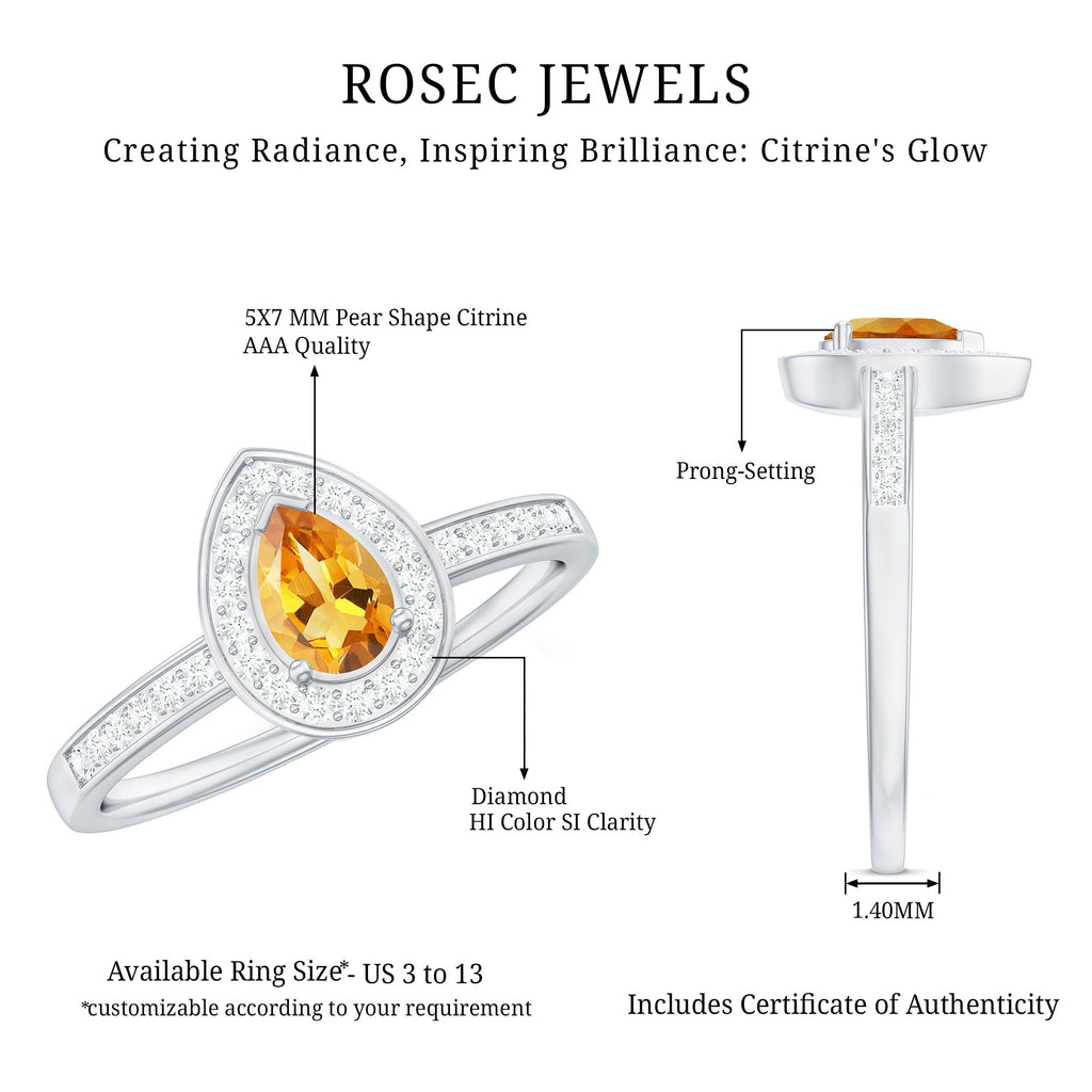 Natural 0.6 Carat Pear Shape Citrine Engagement Ring with Diamond Halo