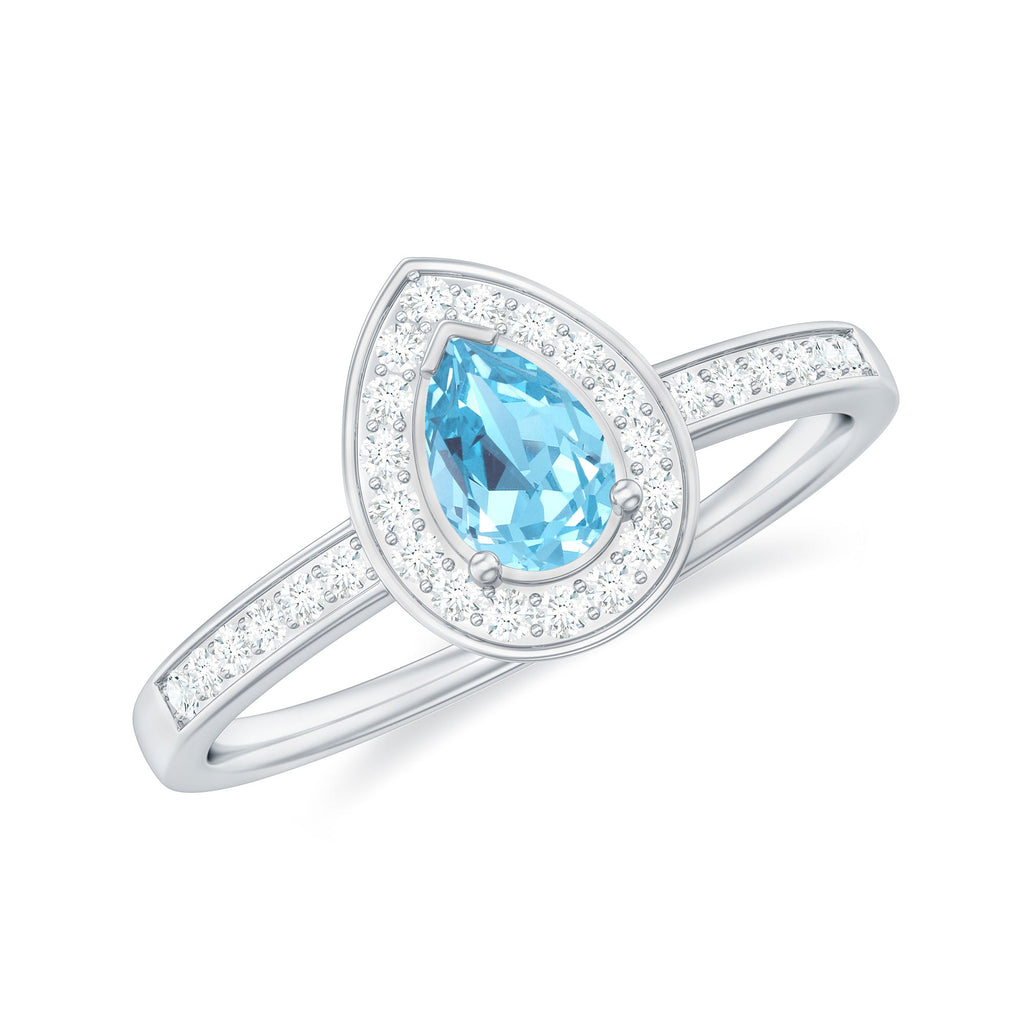 Natural Pear Shape Aquamarine Teardrop Engagement Ring with Diamond Halo