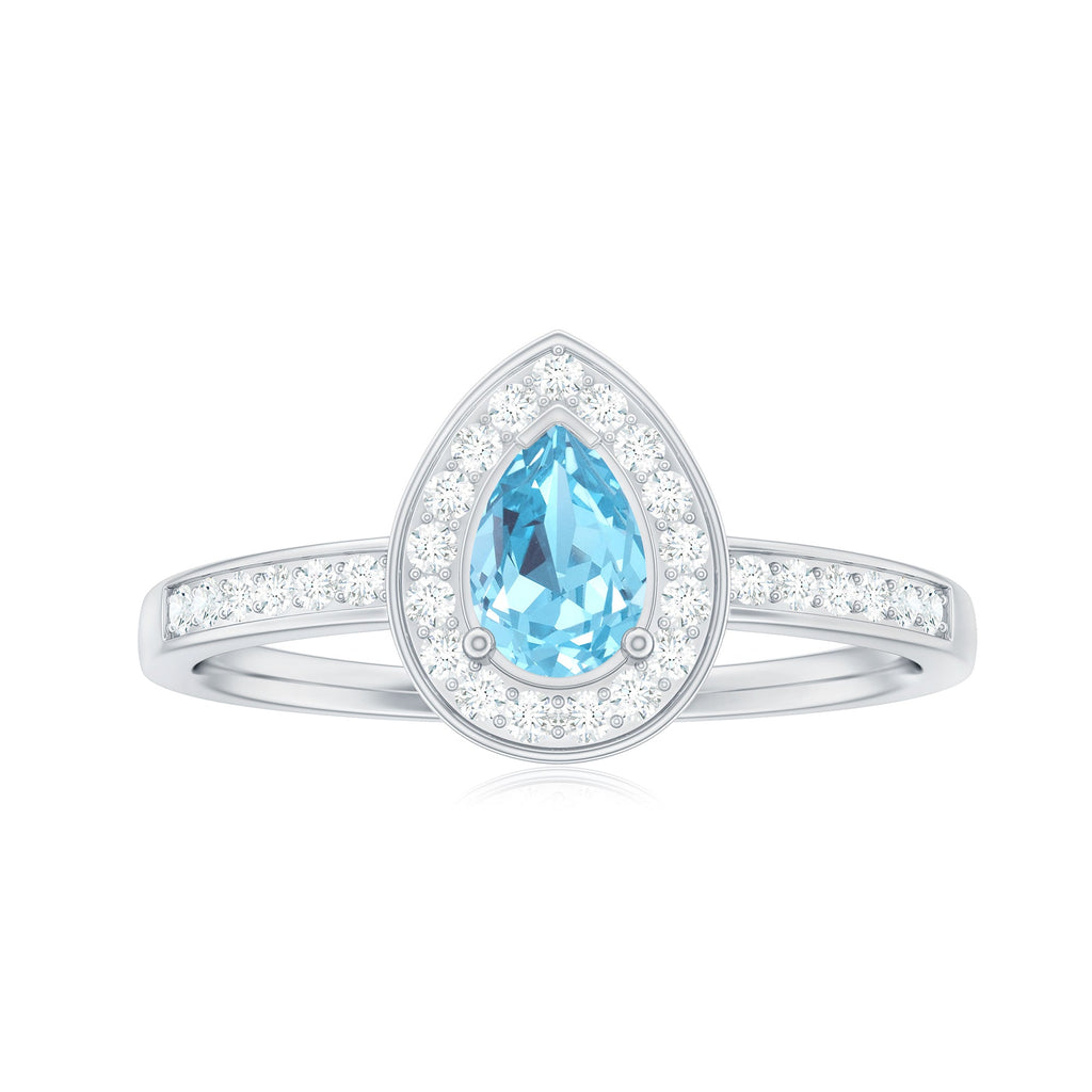 Natural Pear Shape Aquamarine Teardrop Engagement Ring with Diamond Halo