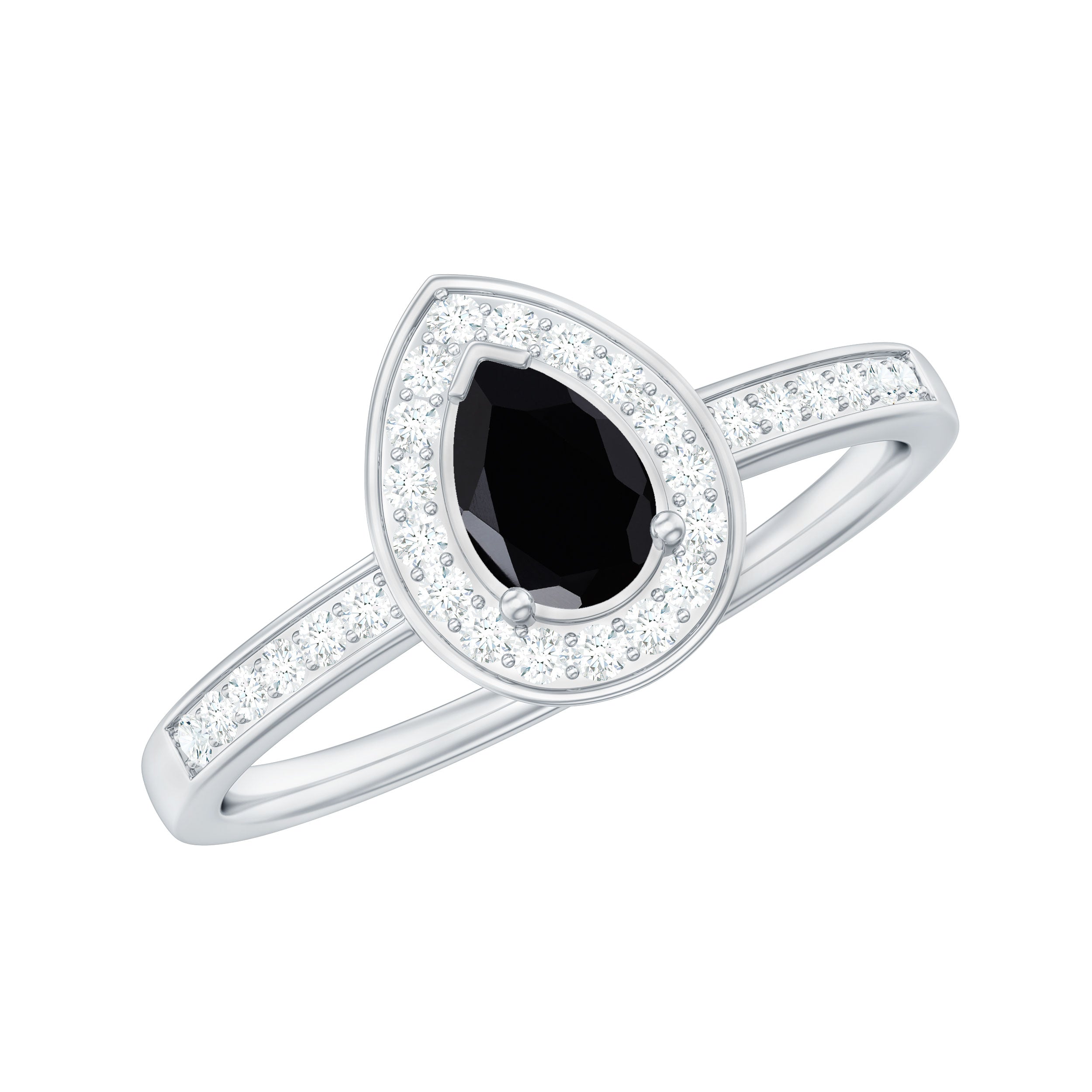 Genuine Black Spinel Teardrop Engagement Ring with Diamond Halo