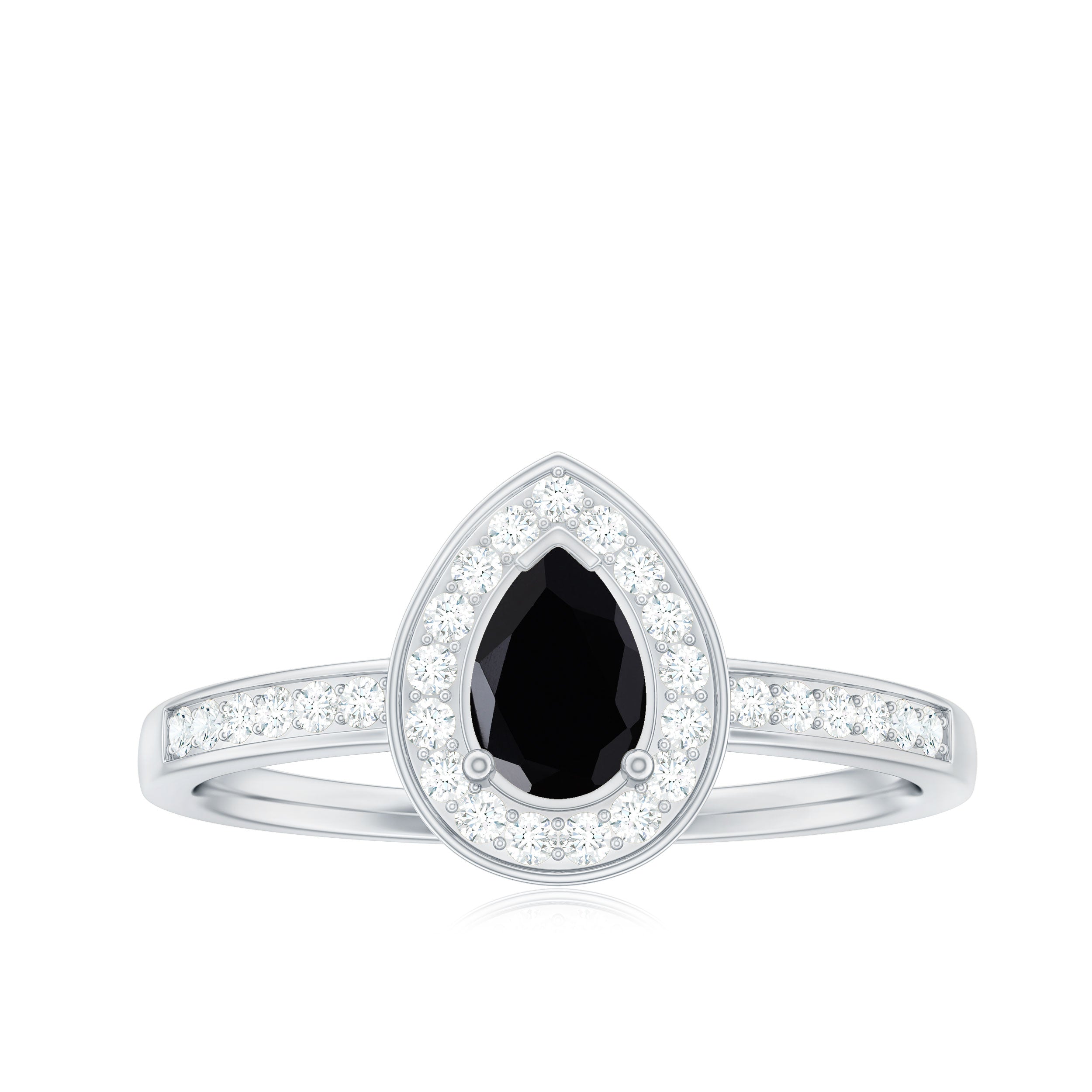 Genuine Black Spinel Teardrop Engagement Ring with Diamond Halo