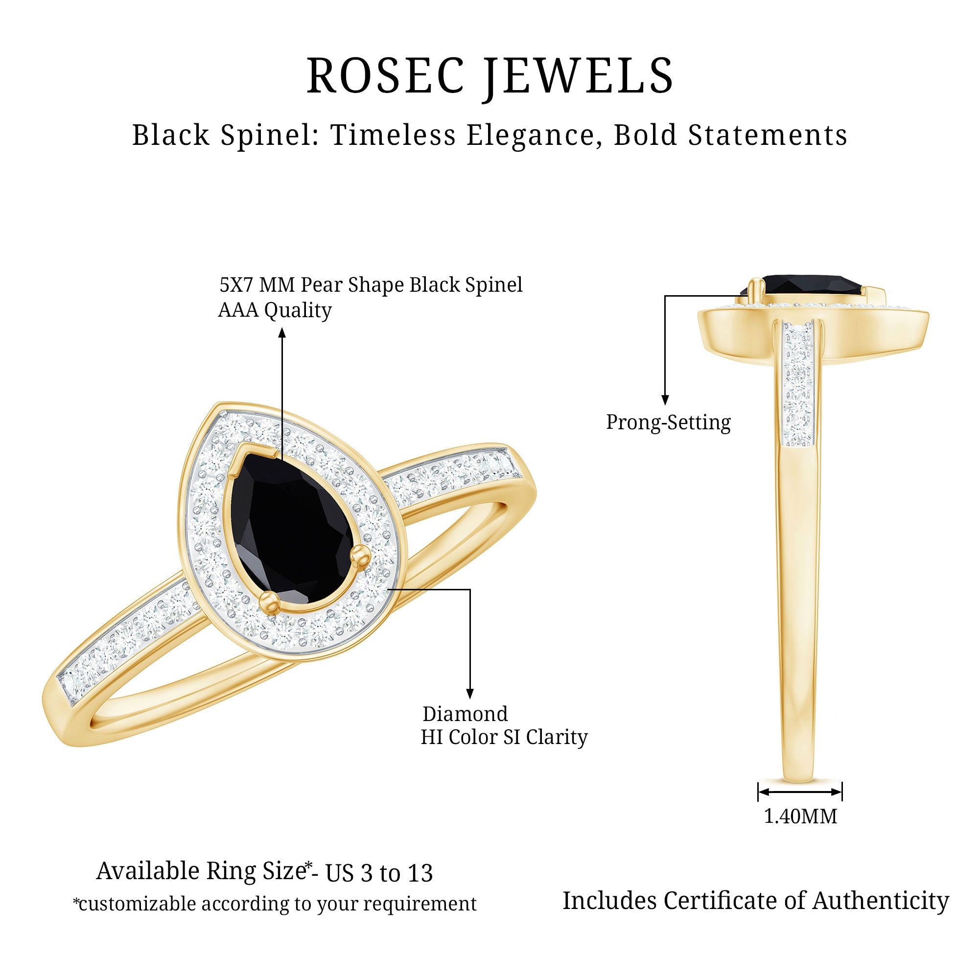 Genuine Black Spinel Teardrop Engagement Ring with Diamond Halo
