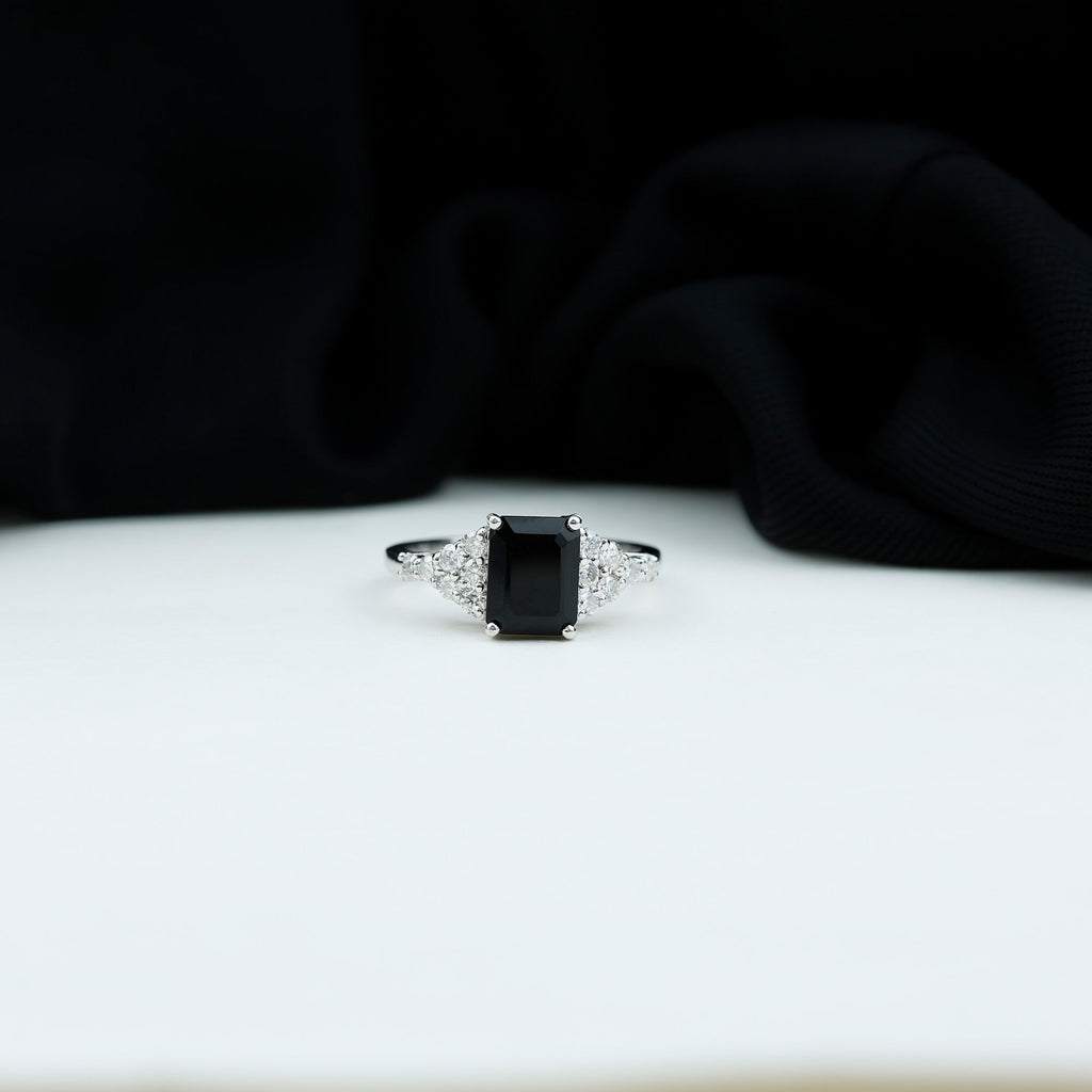 Certified 1.8 Carat Emerald Cut Black Onyx Engagement Ring with Diamonds