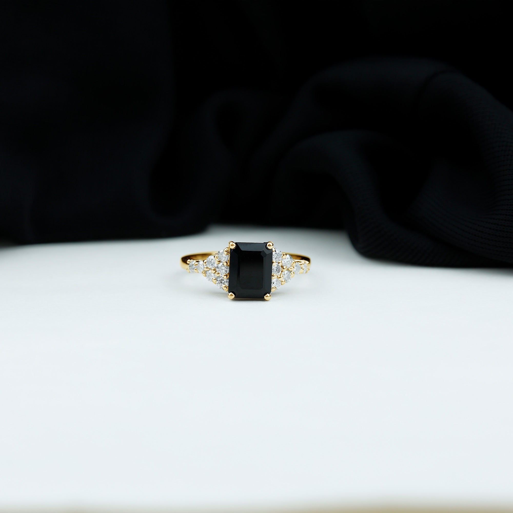 Certified 1.8 Carat Emerald Cut Black Onyx Engagement Ring with Diamonds